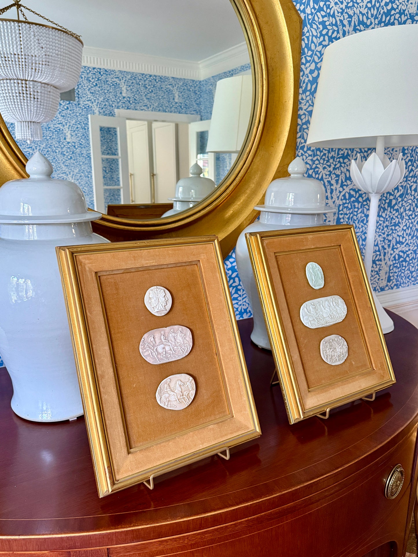 Pair of Mounted 19th Century Grand Tour Intaglio Sets on Chestnut Velvet in Gold Frames