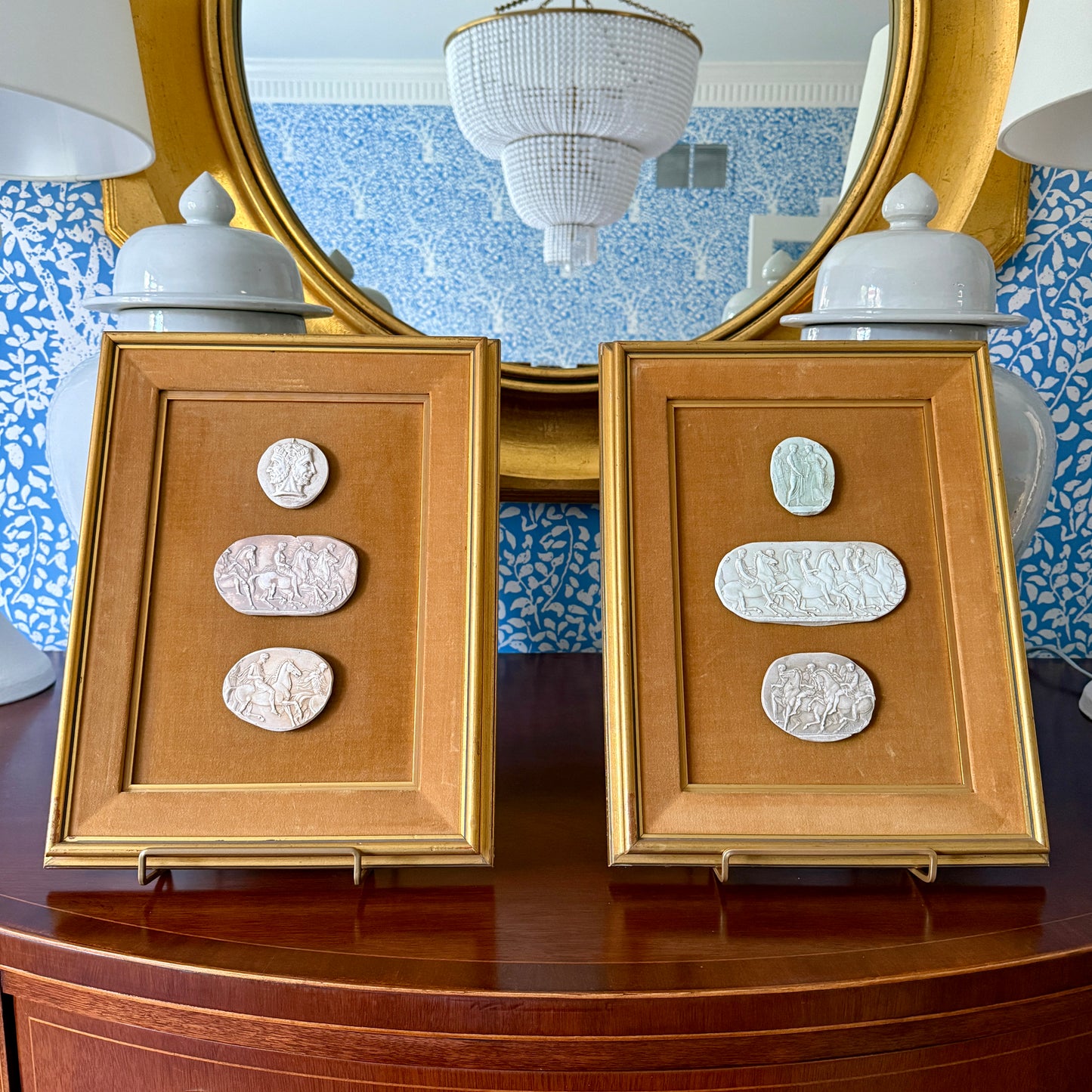Pair of Mounted 19th Century Grand Tour Intaglio Sets on Chestnut Velvet in Gold Frames