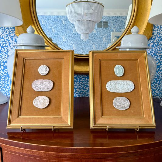 Pair of Mounted 19th Century Grand Tour Intaglio Sets on Chestnut Velvet in Gold Frames