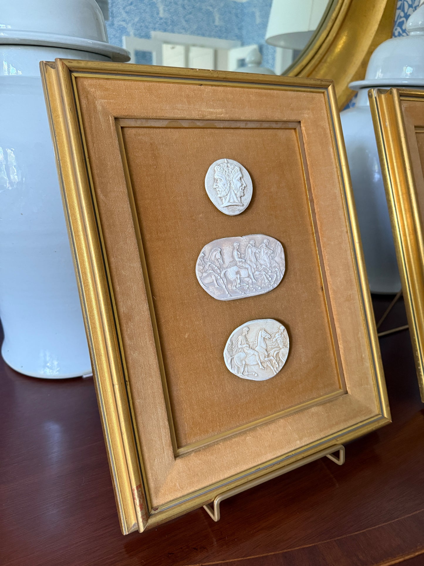 Pair of Mounted 19th Century Grand Tour Intaglio Sets on Chestnut Velvet in Gold Frames