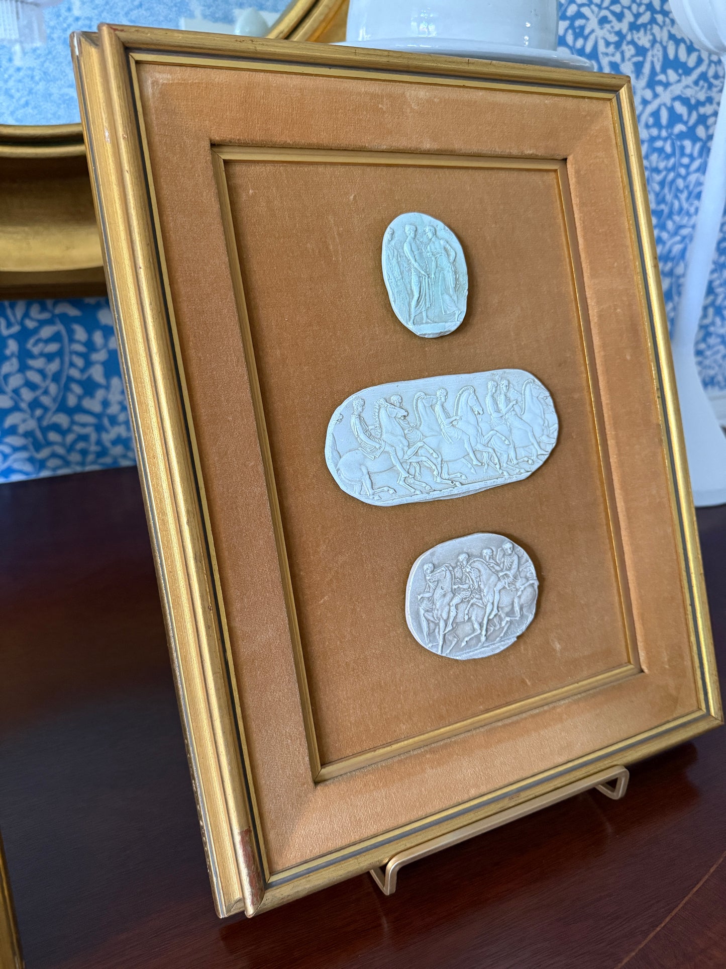 Pair of Mounted 19th Century Grand Tour Intaglio Sets on Chestnut Velvet in Gold Frames