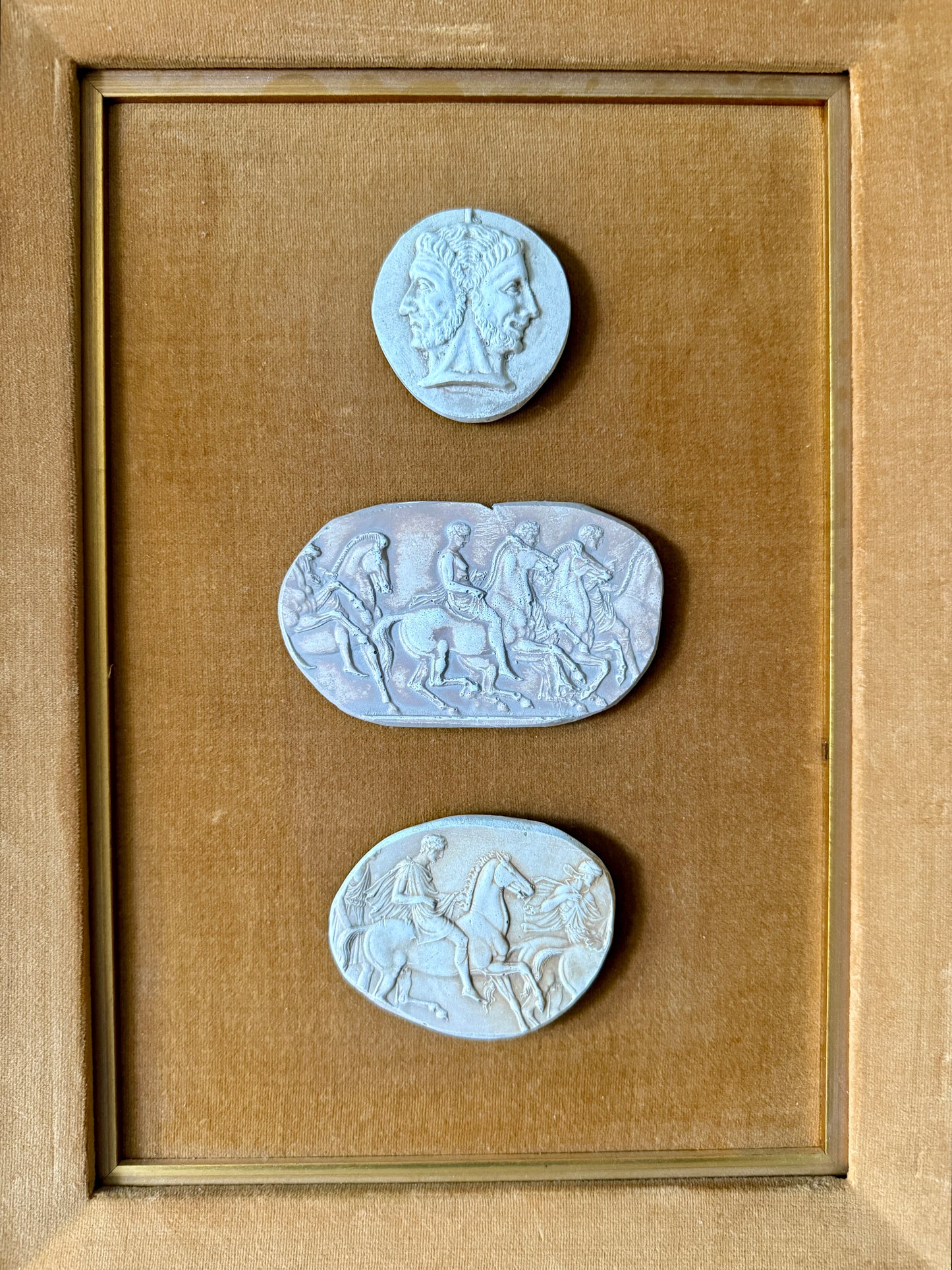 Pair of Mounted 19th Century Grand Tour Intaglio Sets on Chestnut Velvet in Gold Frames