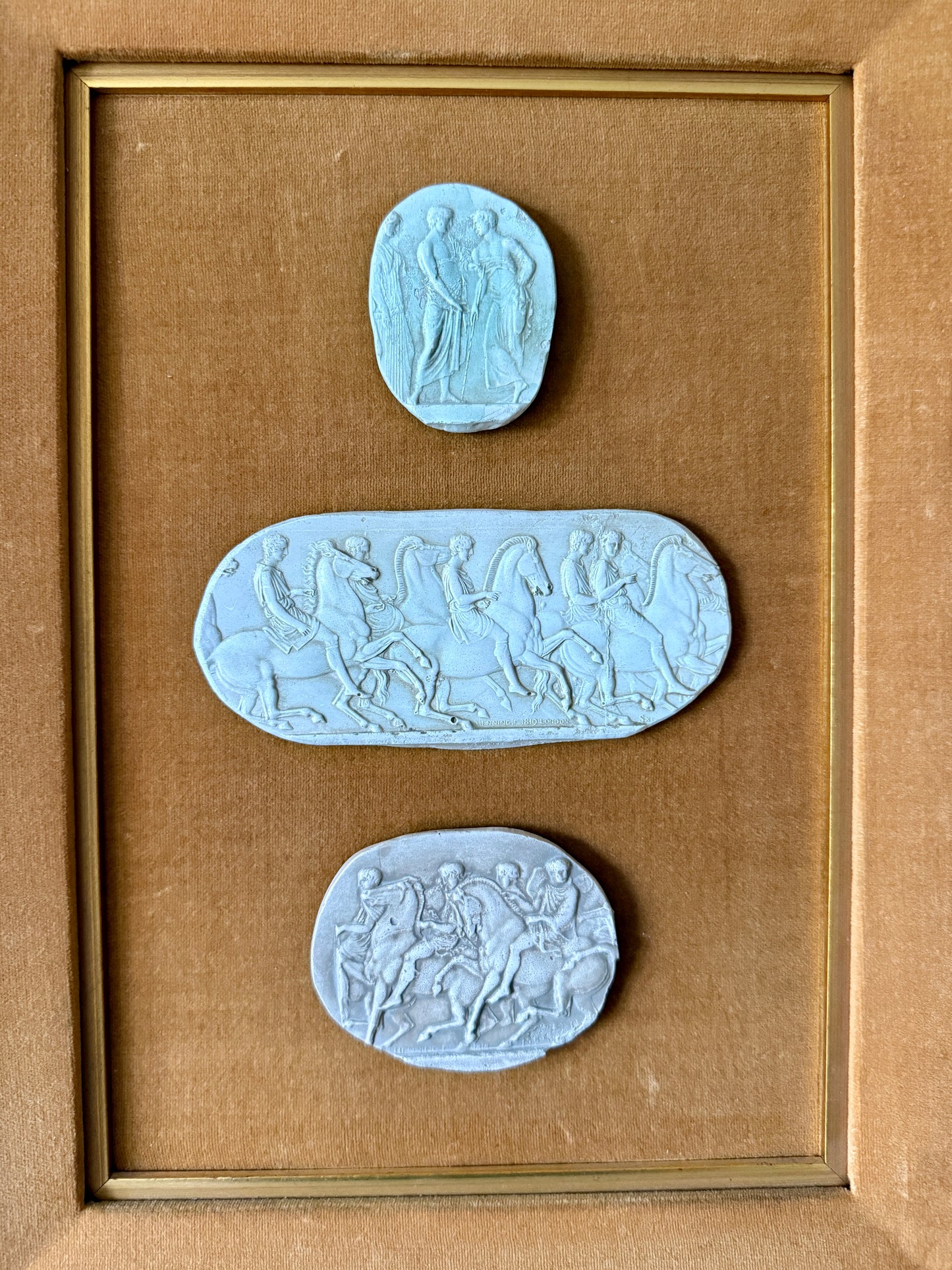 Pair of Mounted 19th Century Grand Tour Intaglio Sets on Chestnut Velvet in Gold Frames