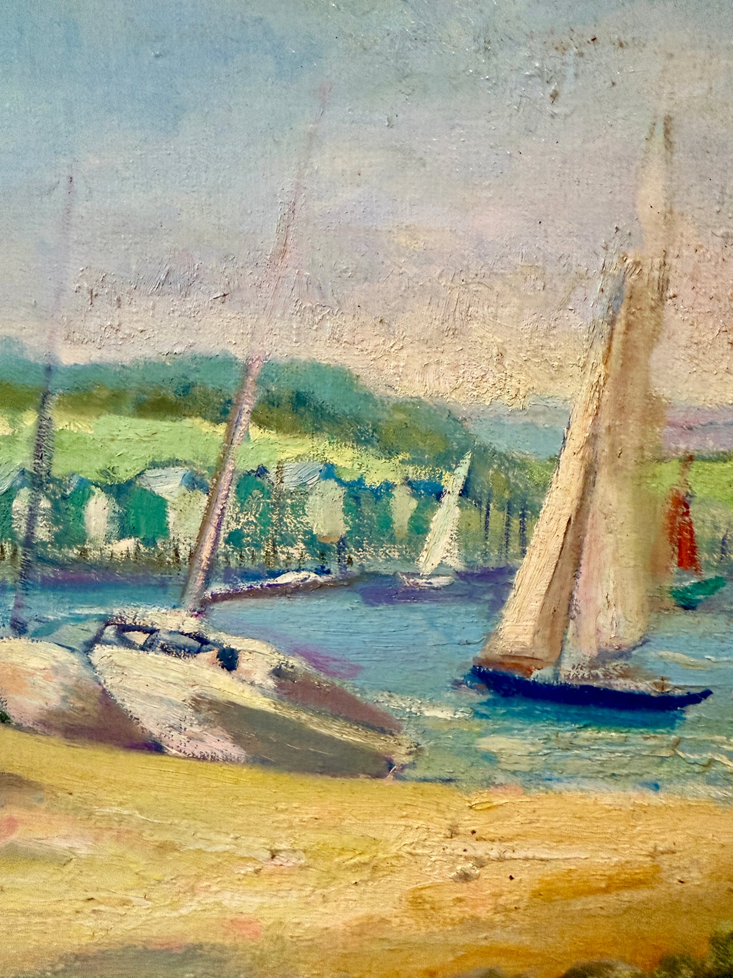 Vintage Boathouse Harborscape with Sailboats Oil Painting in Gold Frame