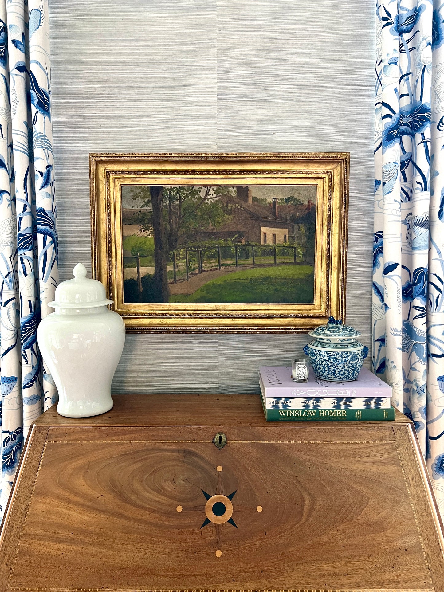 Late 19th / Early 20th C. Frank Waller Horse Rail Farm House Landscape in Gold Frame