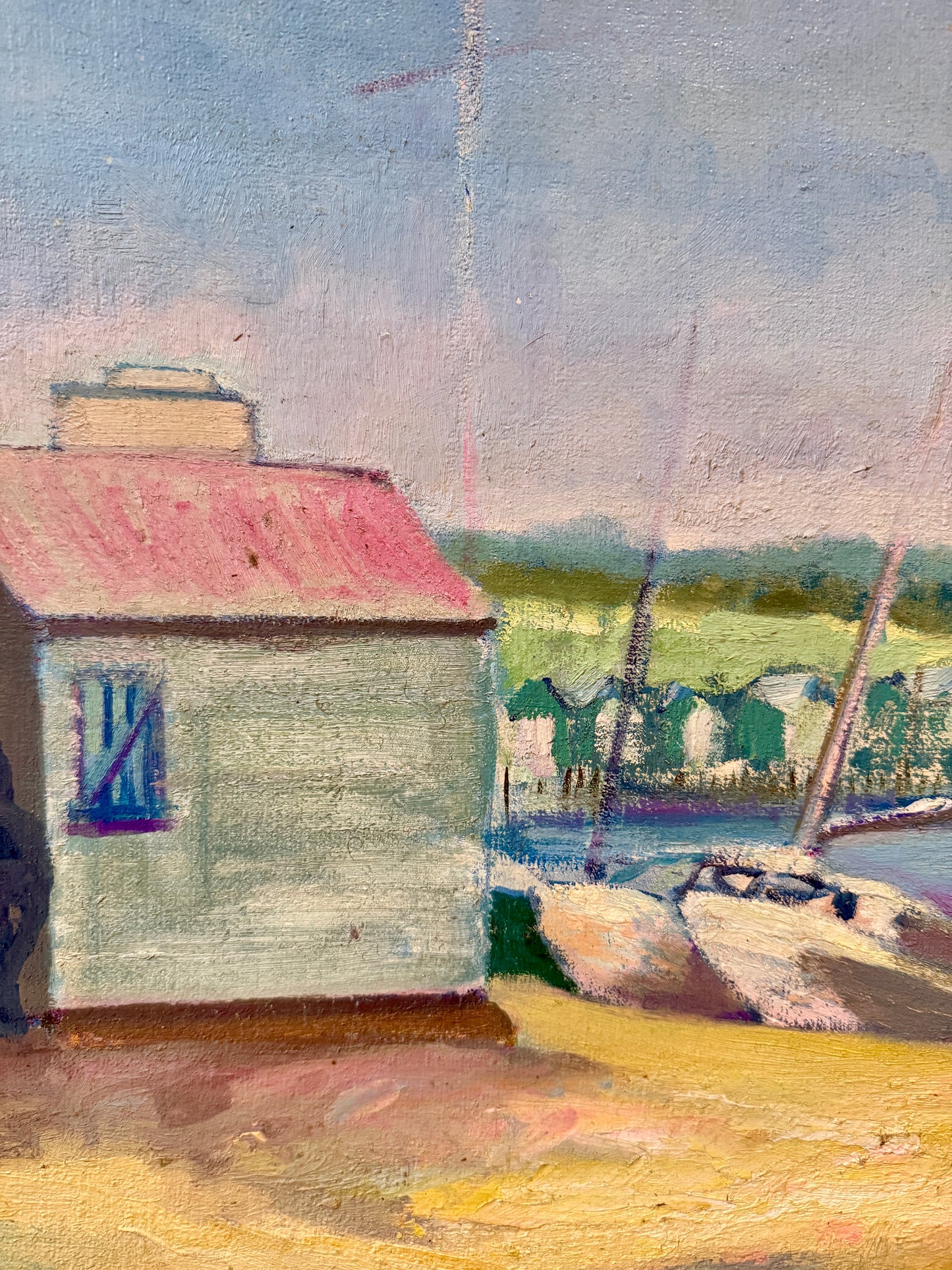 Vintage Boathouse Harborscape with Sailboats Oil Painting in Gold Frame