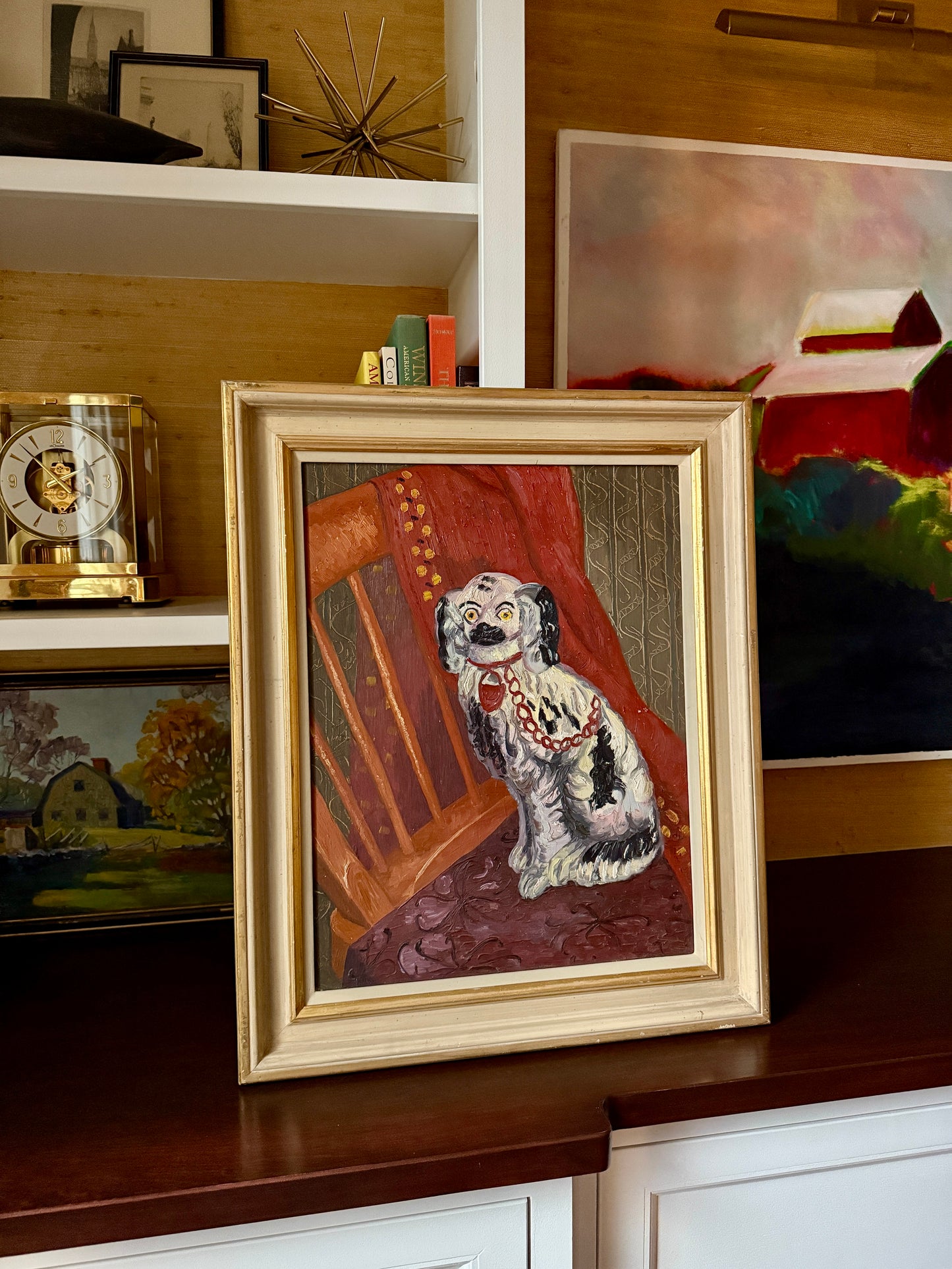 Elvic Steele Portrait of a Staffordshire Dog on Windsor Chair Oil Painting in Cream and Gold Frame
