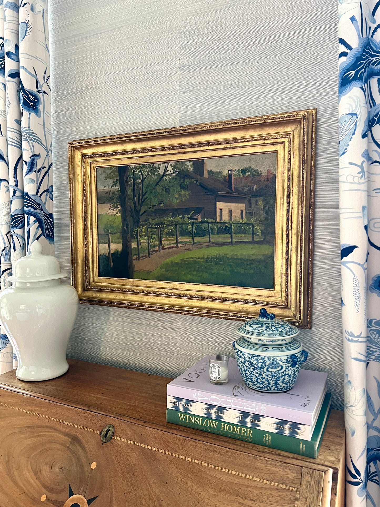 Late 19th / Early 20th C. Frank Waller Horse Rail Farm House Landscape in Gold Frame