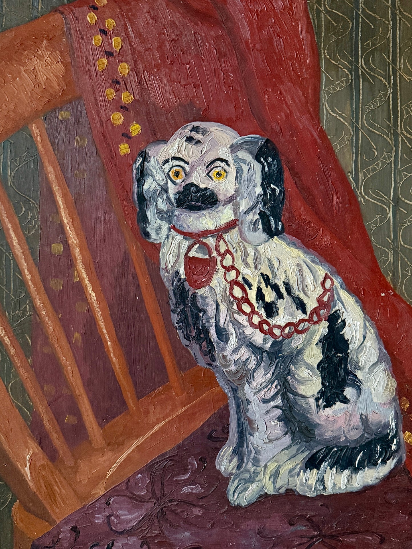 Elvic Steele Portrait of a Staffordshire Dog on Windsor Chair Oil Painting in Cream and Gold Frame