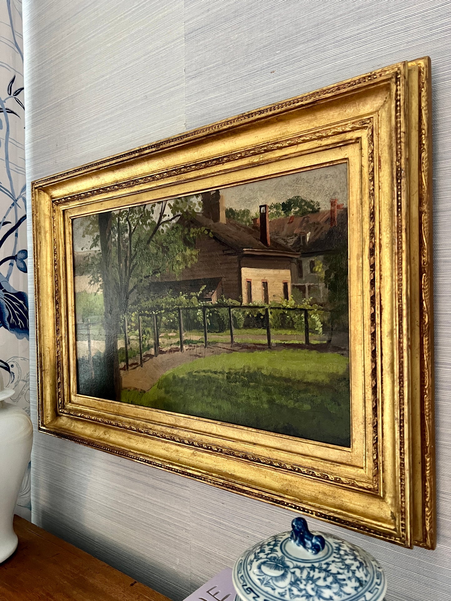 Late 19th / Early 20th C. Frank Waller Horse Rail Farm House Landscape in Gold Frame