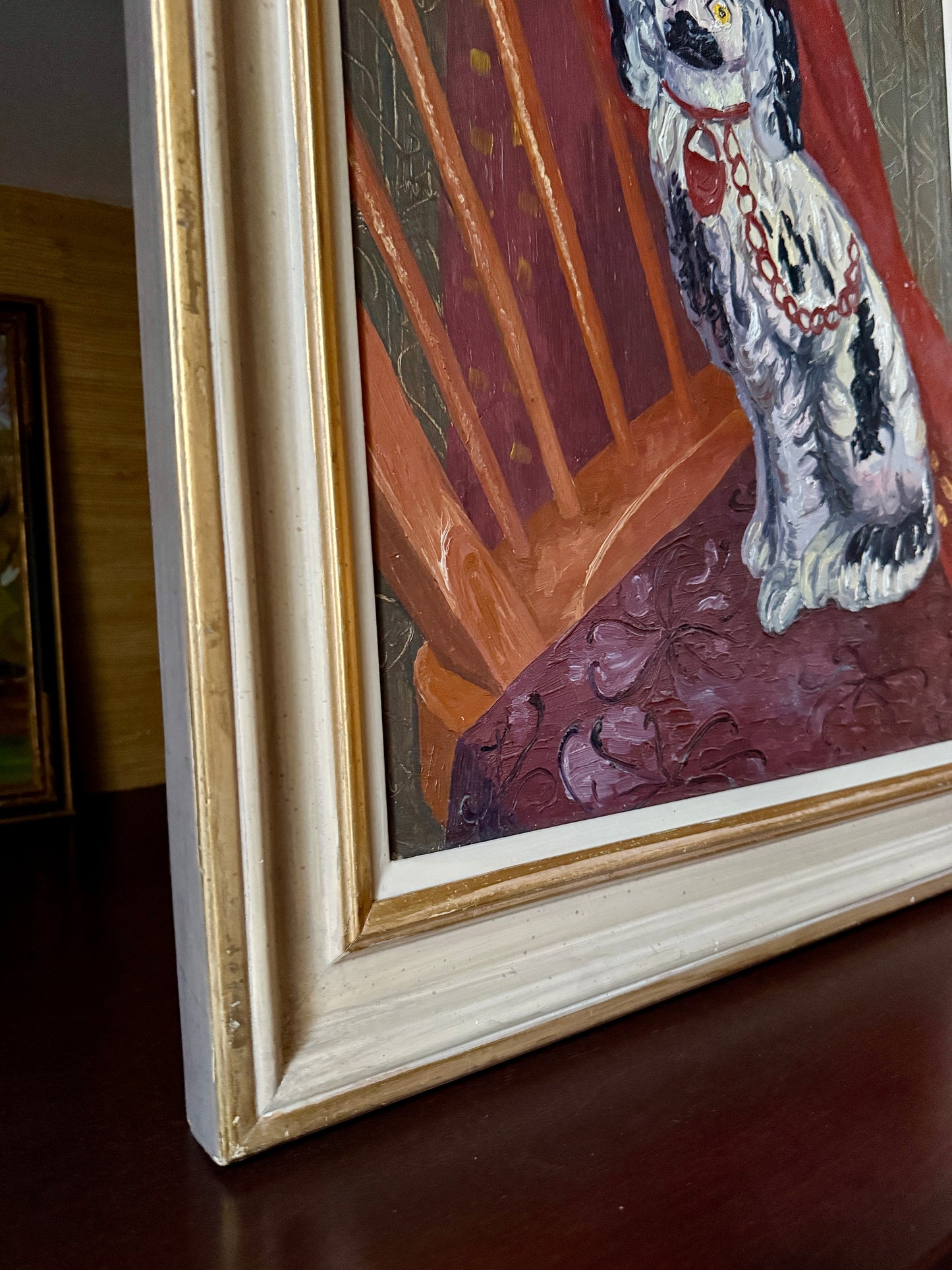 Elvic Steele Portrait of a Staffordshire Dog on Windsor Chair Oil Painting in Cream and Gold Frame