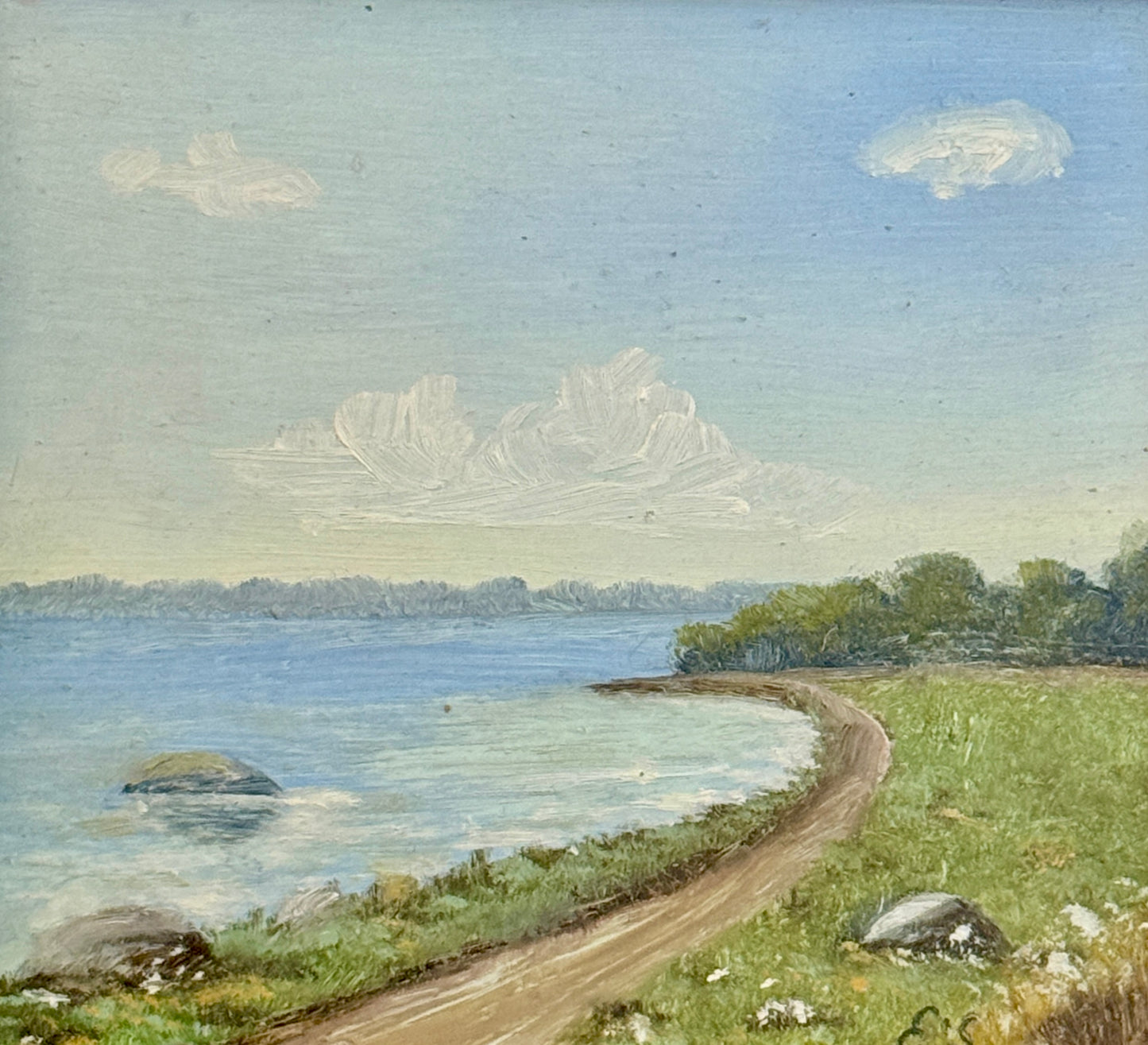 Vintage Coastal Landsape Oil Painting in Gold Frame
