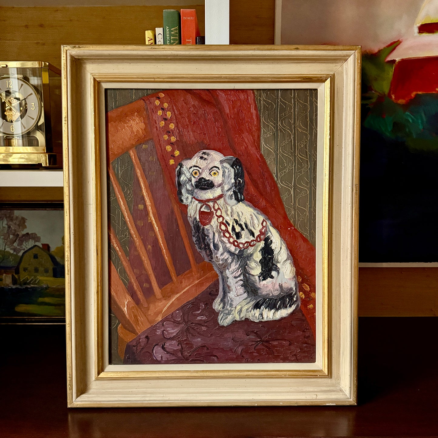 Elvic Steele Portrait of a Staffordshire Dog on Windsor Chair Oil Painting in Cream and Gold Frame