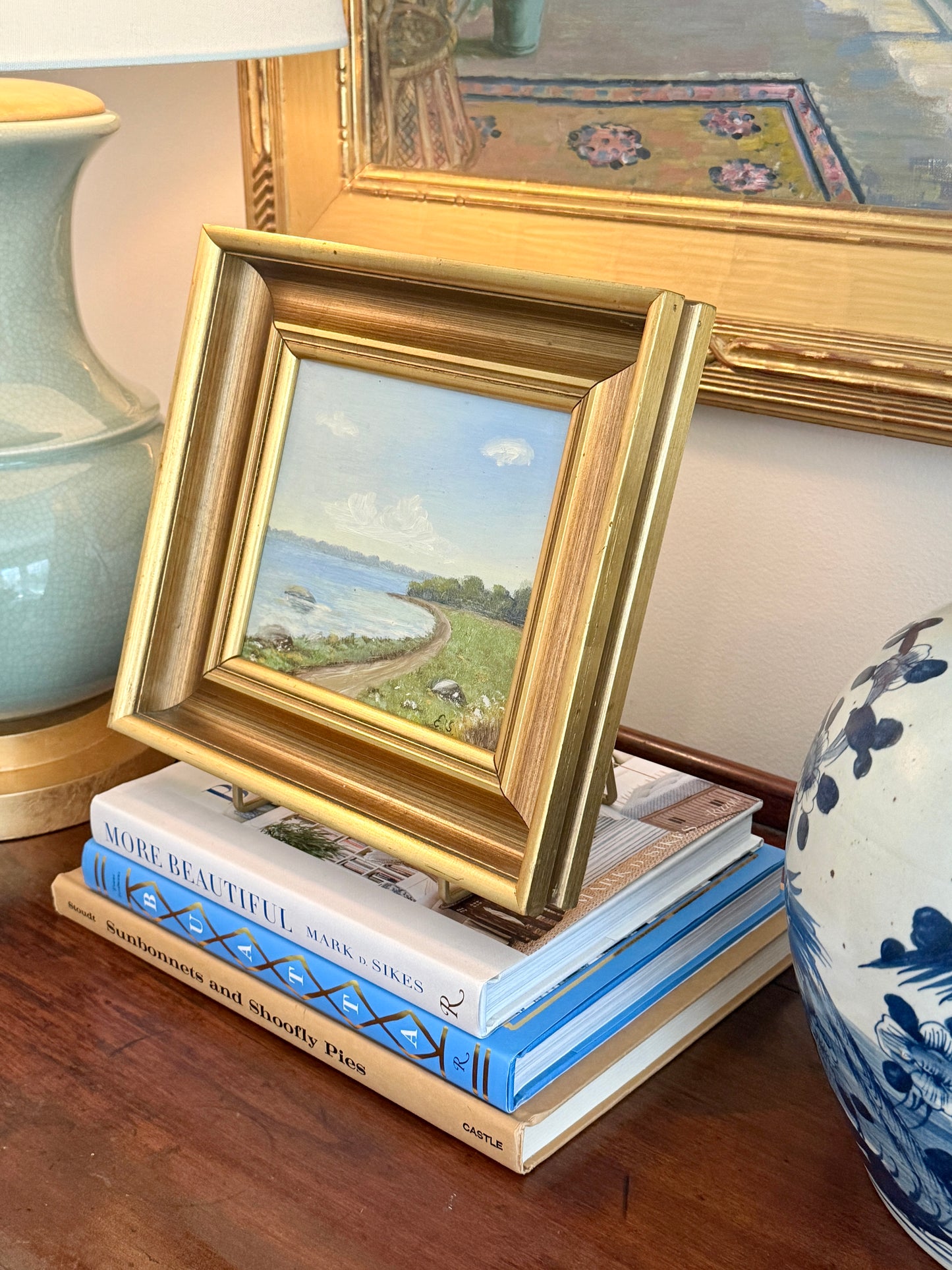 Vintage Coastal Landsape Oil Painting in Gold Frame