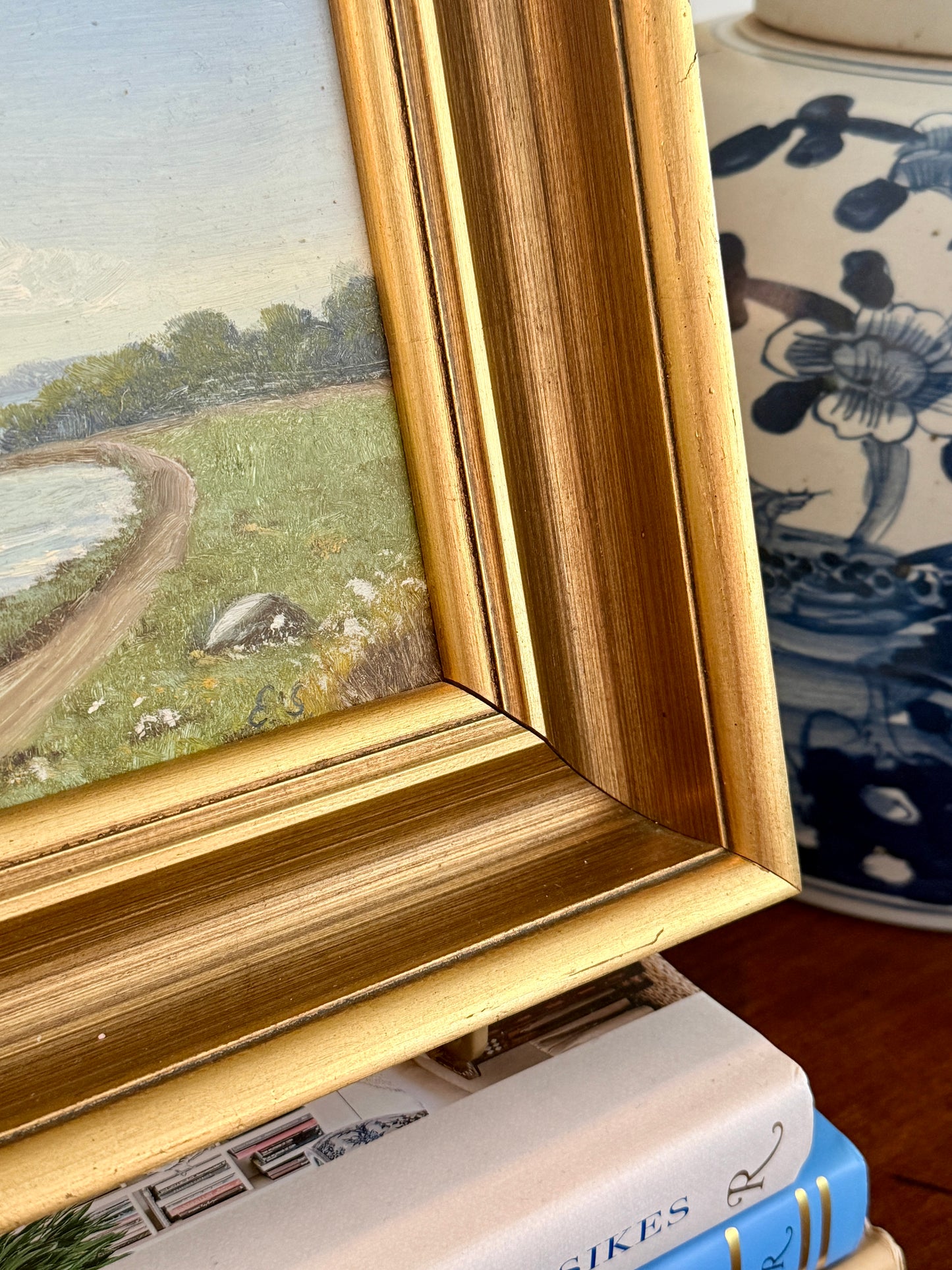 Vintage Coastal Landsape Oil Painting in Gold Frame
