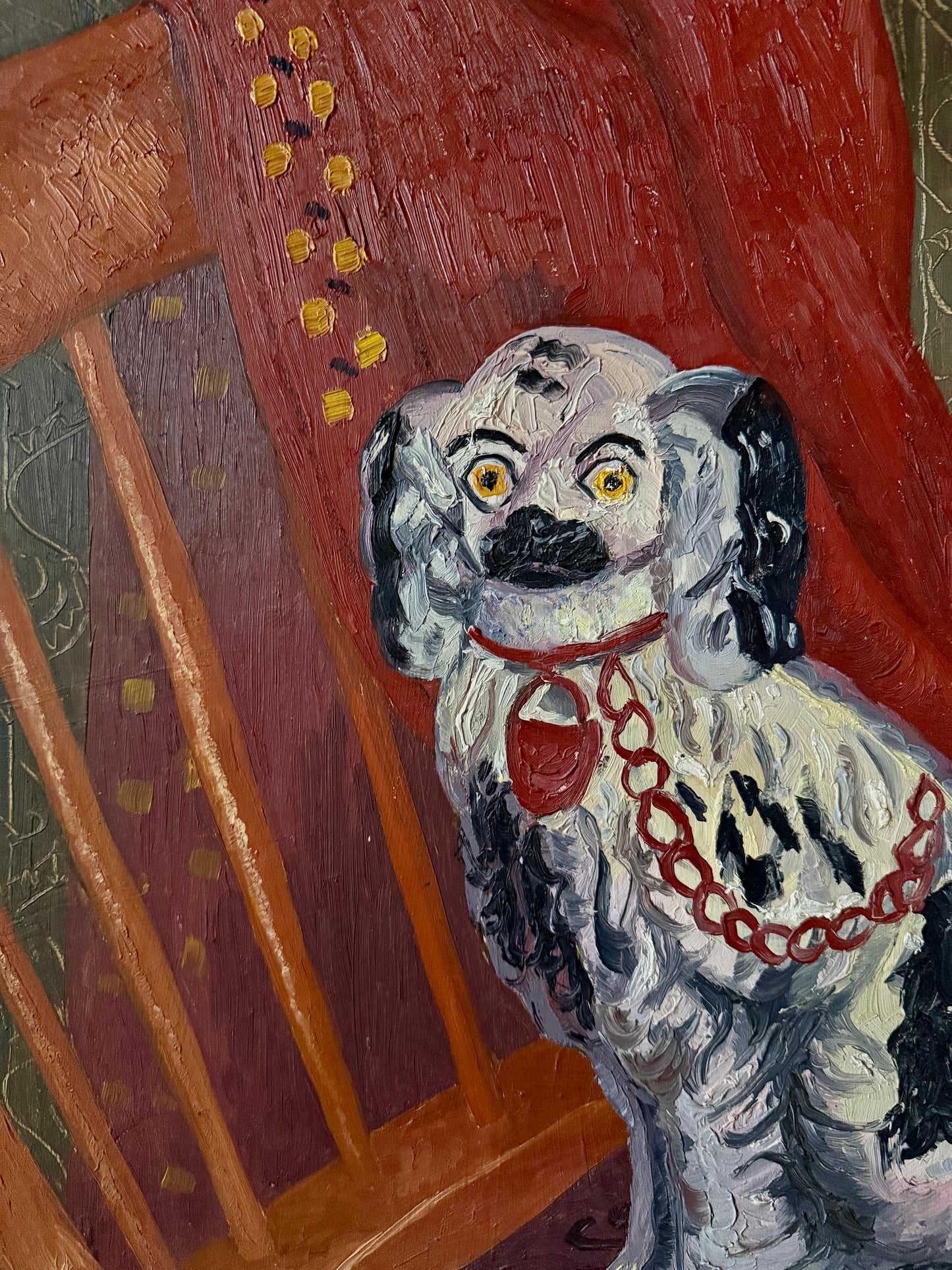 Elvic Steele Portrait of a Staffordshire Dog on Windsor Chair Oil Painting in Cream and Gold Frame