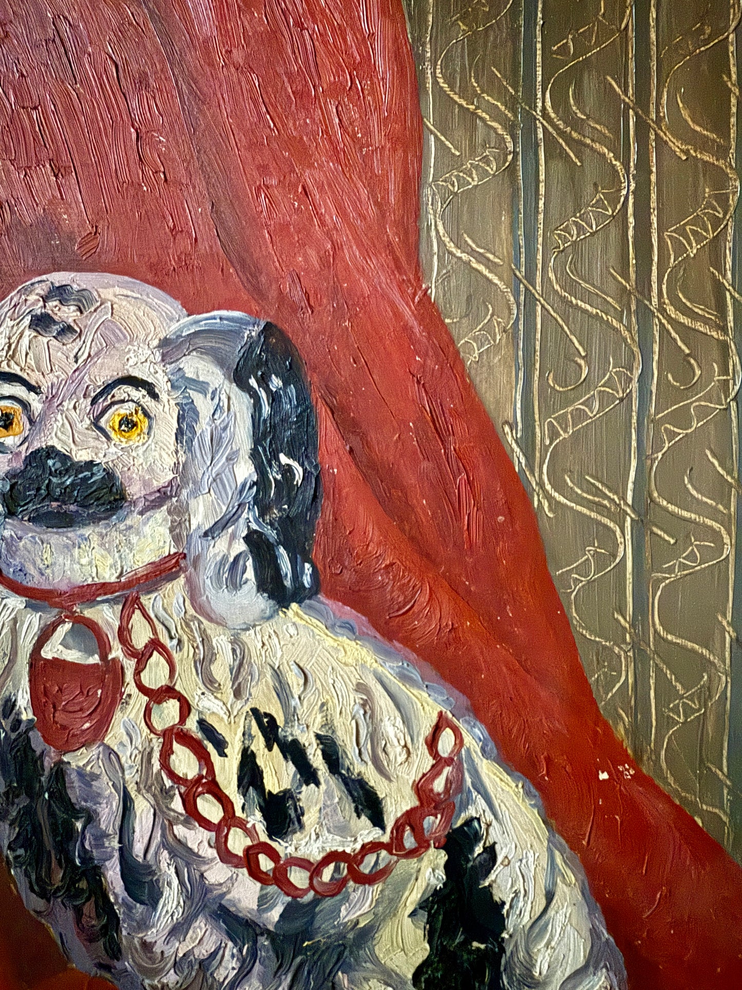 Elvic Steele Portrait of a Staffordshire Dog on Windsor Chair Oil Painting in Cream and Gold Frame