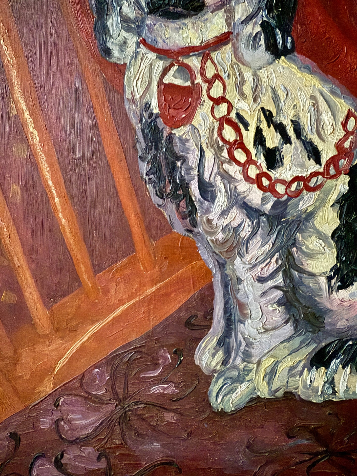 Elvic Steele Portrait of a Staffordshire Dog on Windsor Chair Oil Painting in Cream and Gold Frame