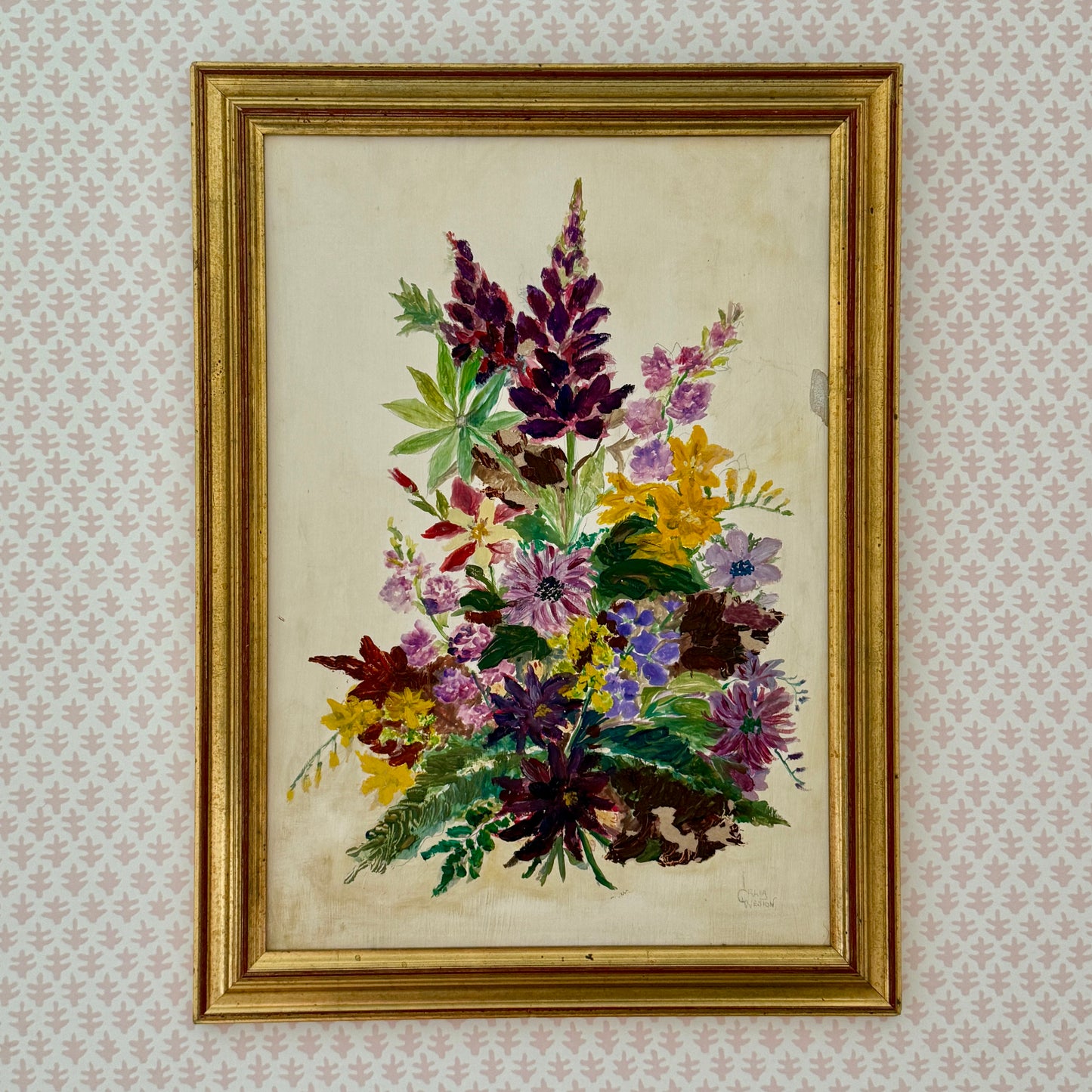 Celia Weston Vintage Botanical Still Life Lavendar and Pink Floral Arrangement Oil Painting in Gold Frame