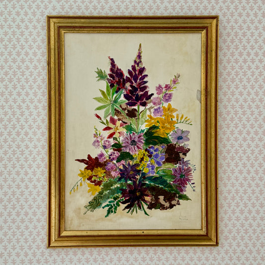 Celia Weston Vintage Botanical Still Life Lavendar and Pink Floral Arrangement Oil Painting in Gold Frame