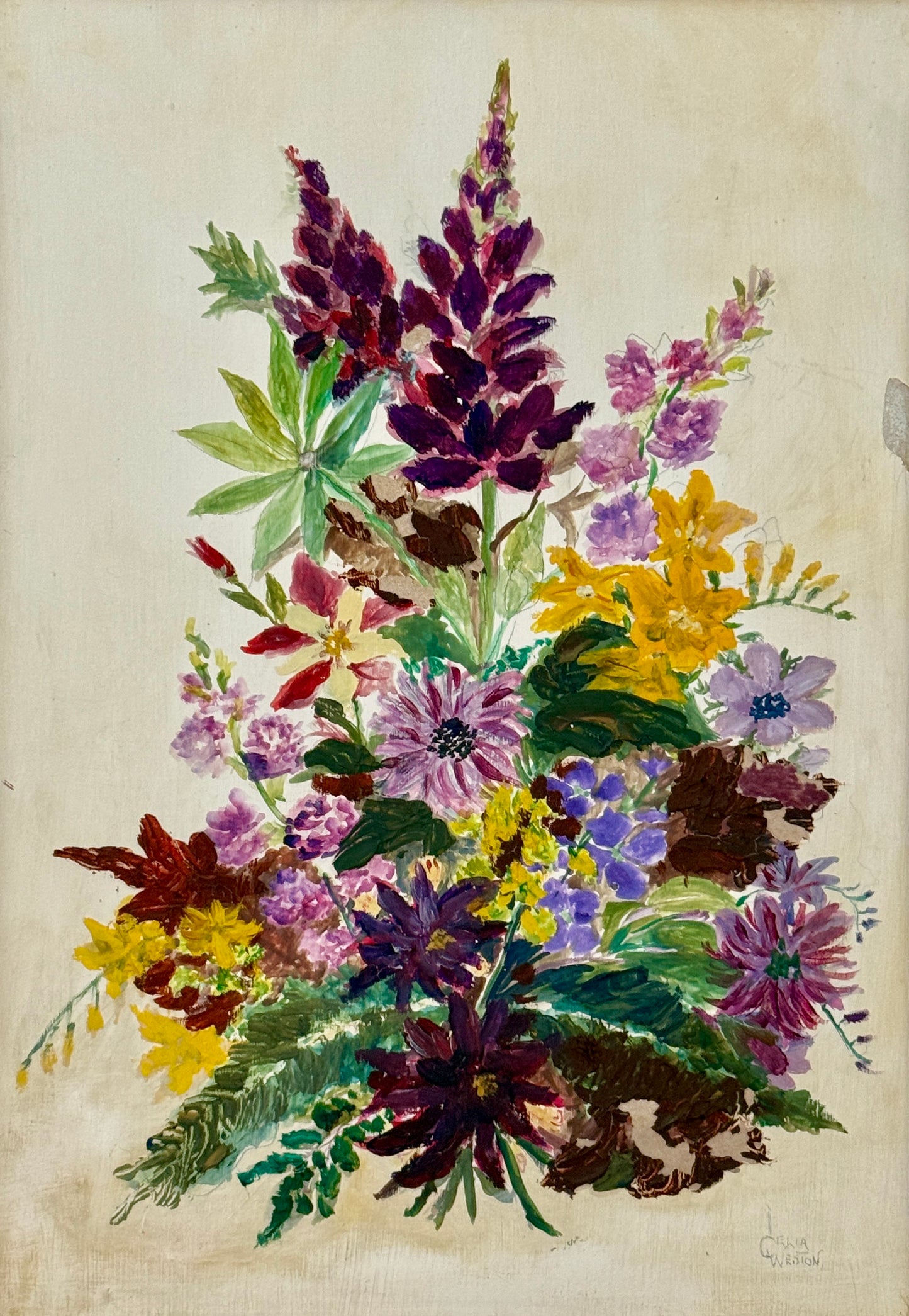Celia Weston Vintage Botanical Still Life Lavendar and Pink Floral Arrangement Oil Painting in Gold Frame