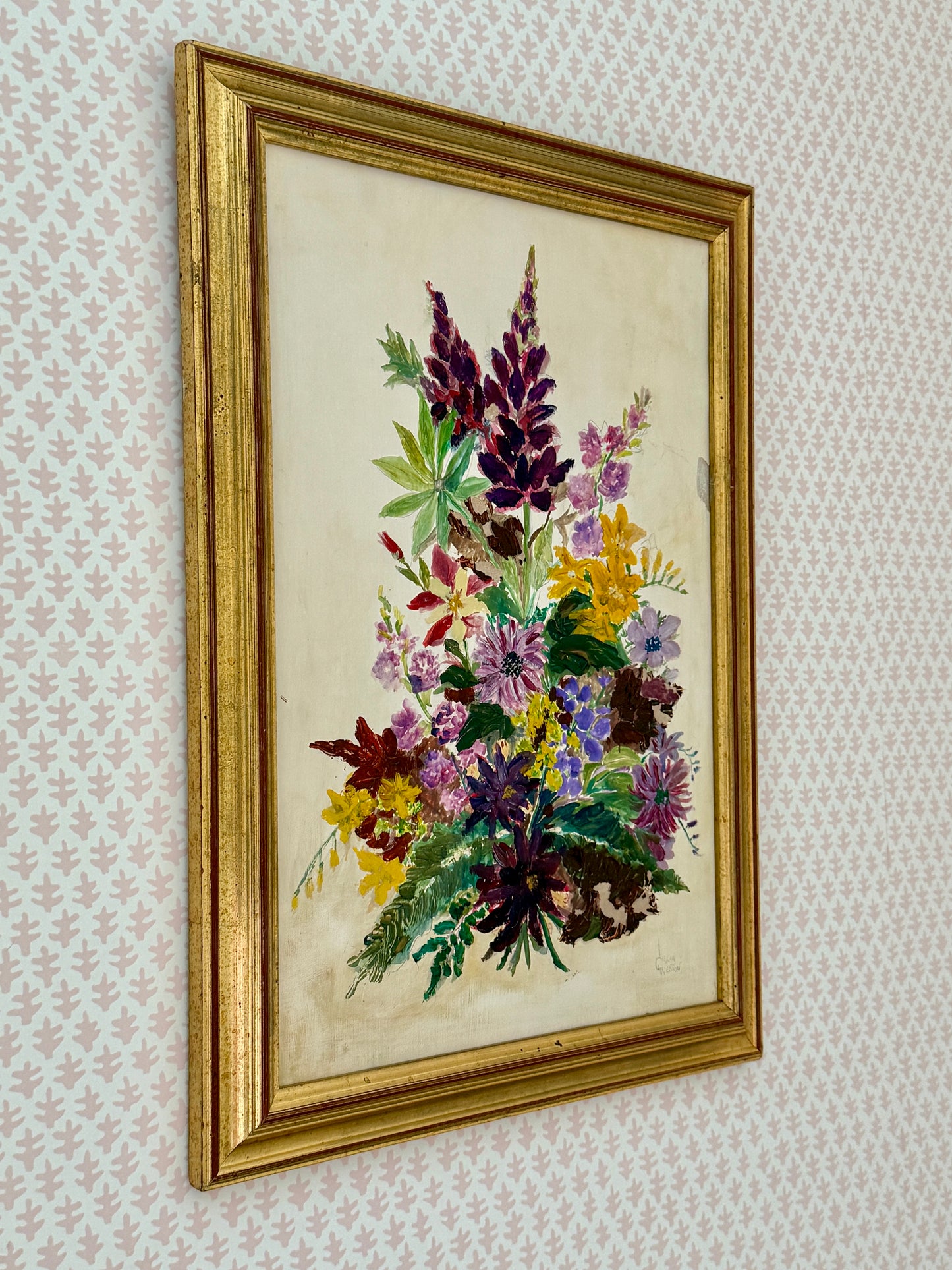 Celia Weston Vintage Botanical Still Life Lavendar and Pink Floral Arrangement Oil Painting in Gold Frame