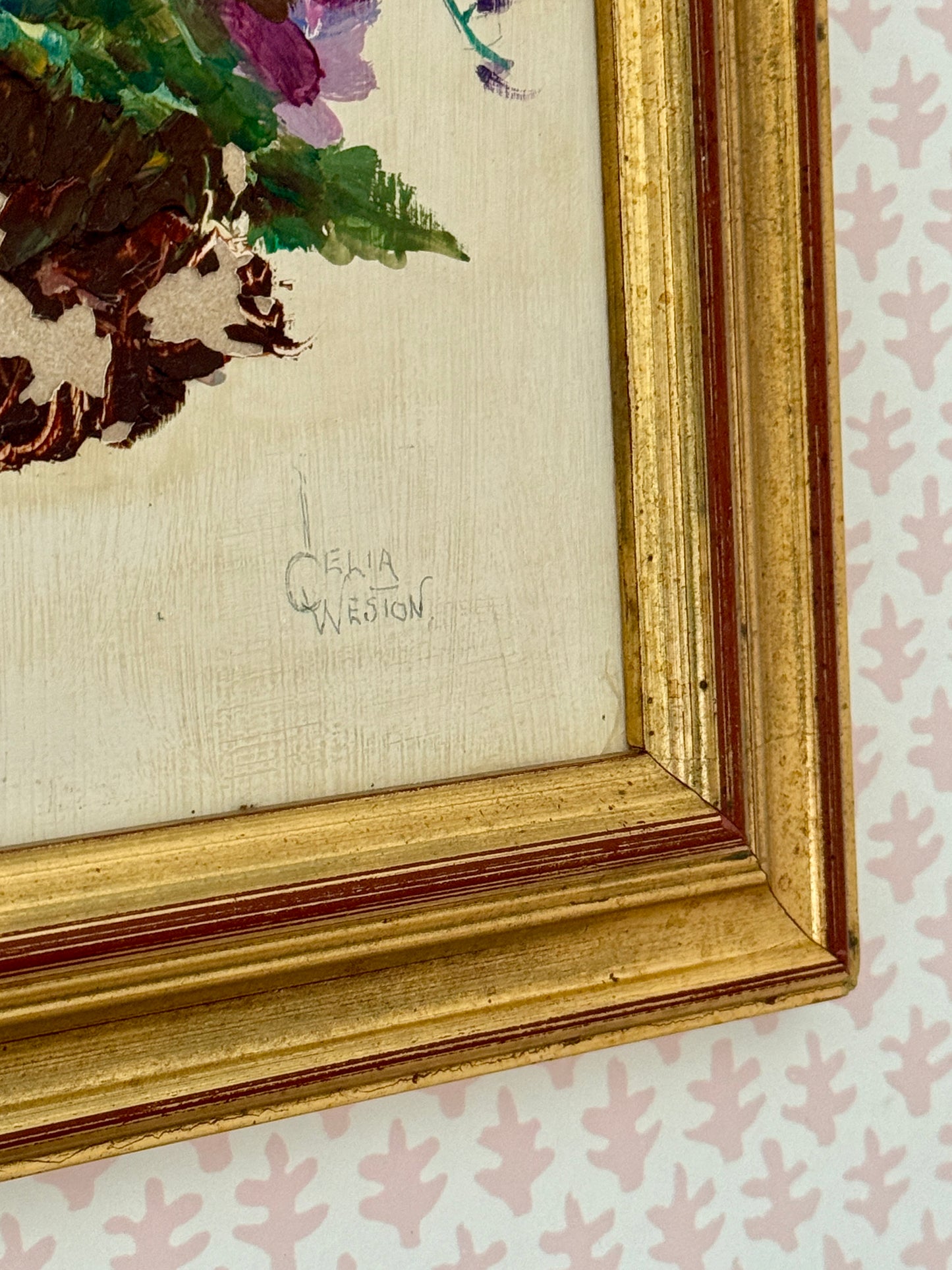 Celia Weston Vintage Botanical Still Life Lavendar and Pink Floral Arrangement Oil Painting in Gold Frame