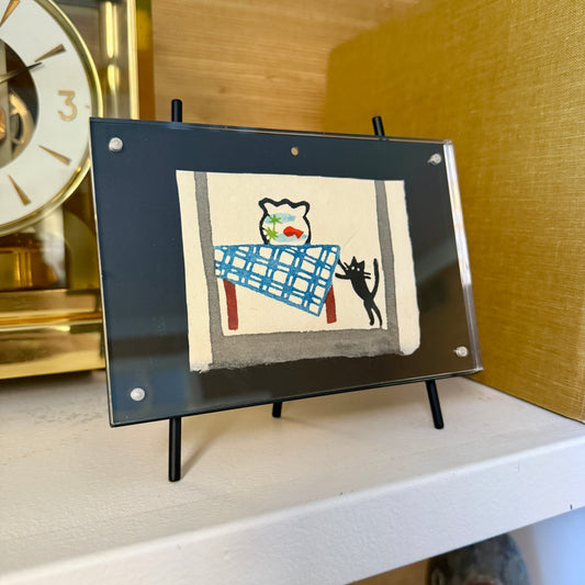 Vintage Folk Art Cat Fishbowl Watercolor Painting in Acrylic on Black Easel