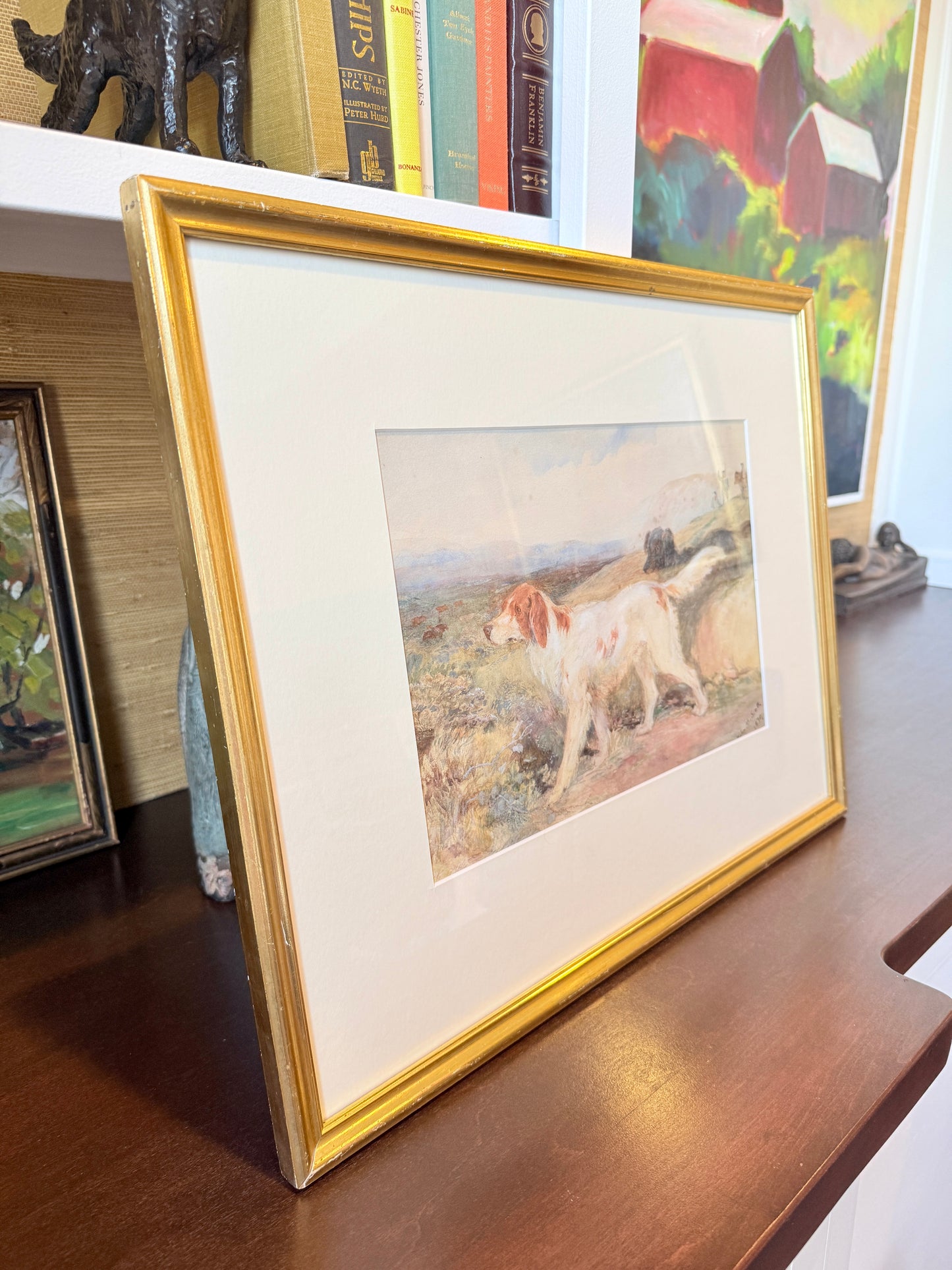 1879 John Henderson Scott Dog and Grouse Hunting Dog Portrait Watercolor Painting in Gold Frame