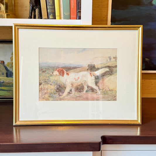 1879 John Henderson Scott Dog and Grouse Hunting Dog Portrait Watercolor Painting in Gold Frame