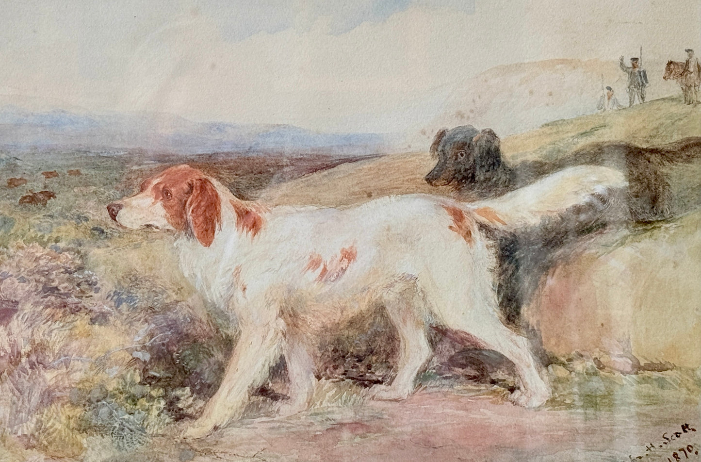 1879 John Henderson Scott Dog and Grouse Hunting Dog Portrait Watercolor Painting in Gold Frame