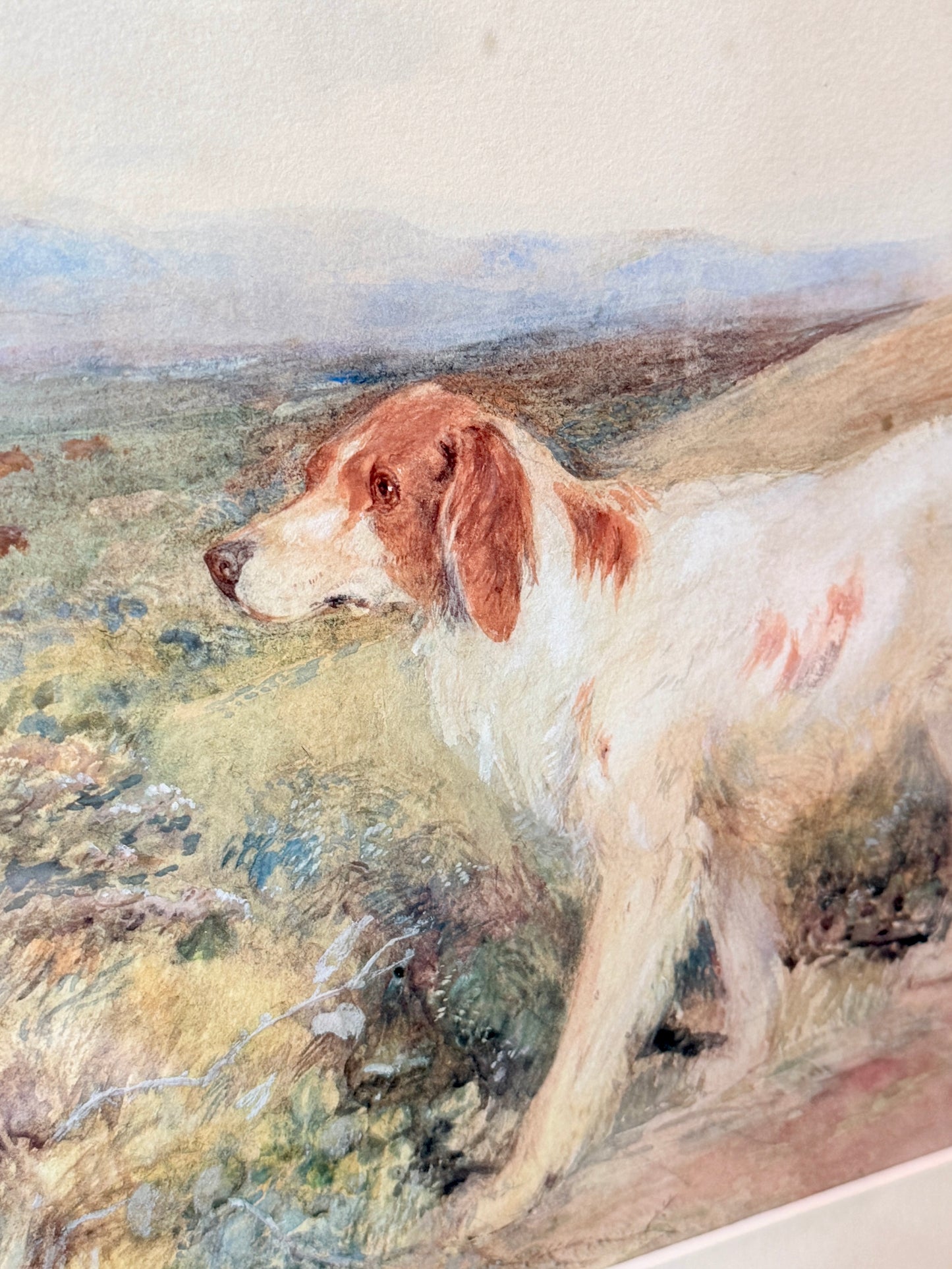 1879 John Henderson Scott Dog and Grouse Hunting Dog Portrait Watercolor Painting in Gold Frame
