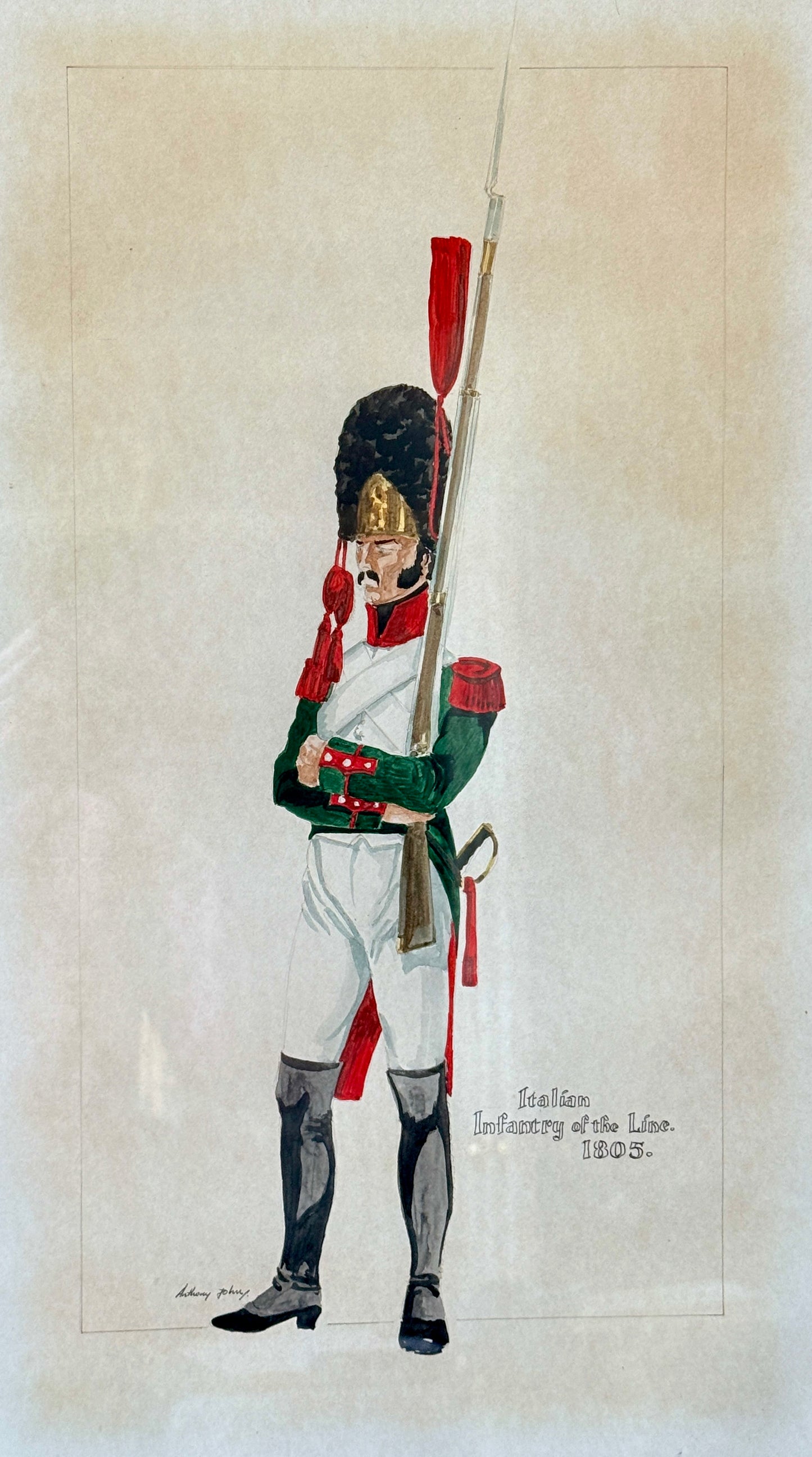 Antique 1805 Italian Infantry of the Line Watercolor Solider Portrait in Black and Gold Frame