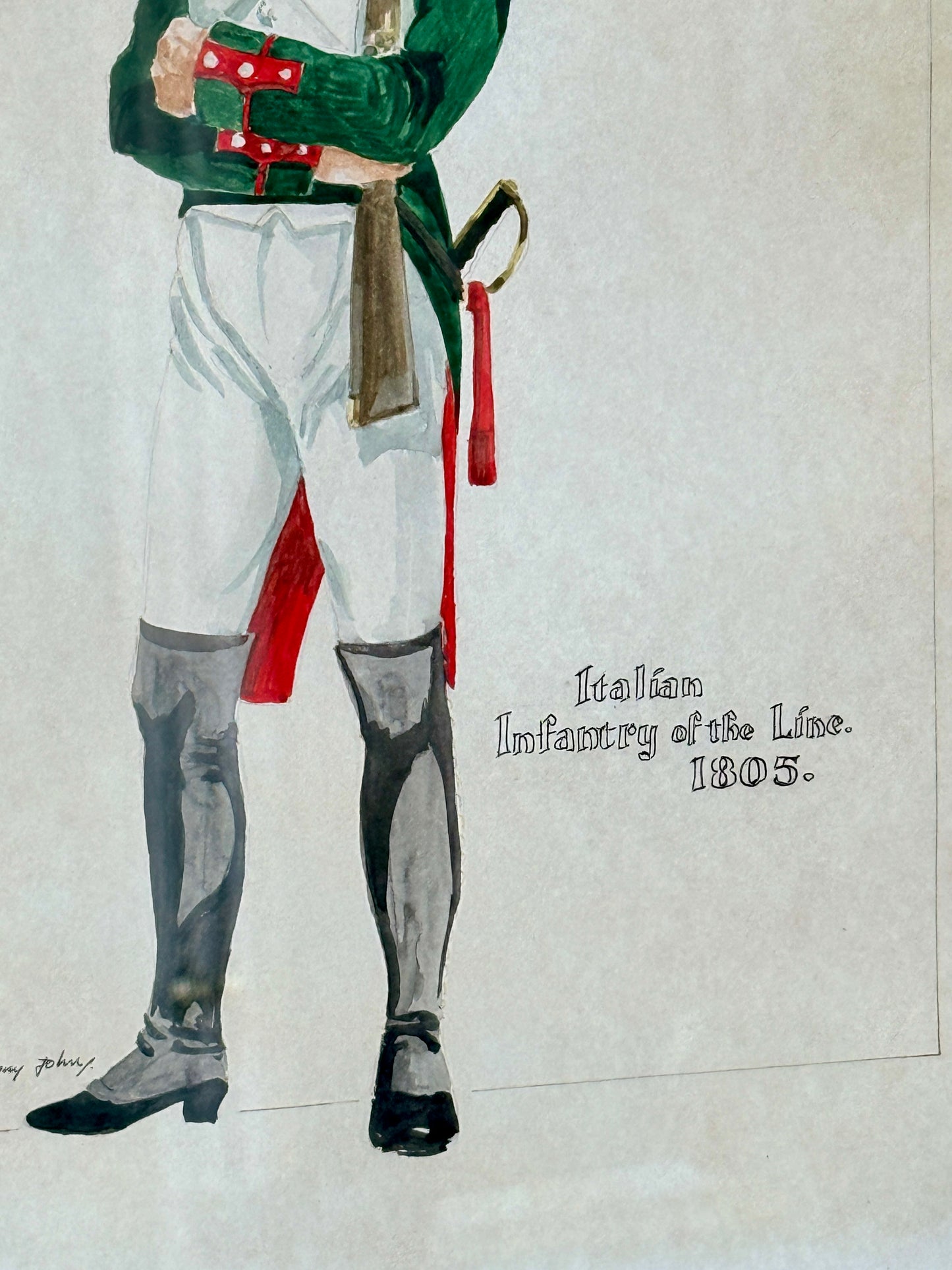 Antique 1805 Italian Infantry of the Line Watercolor Solider Portrait in Black and Gold Frame