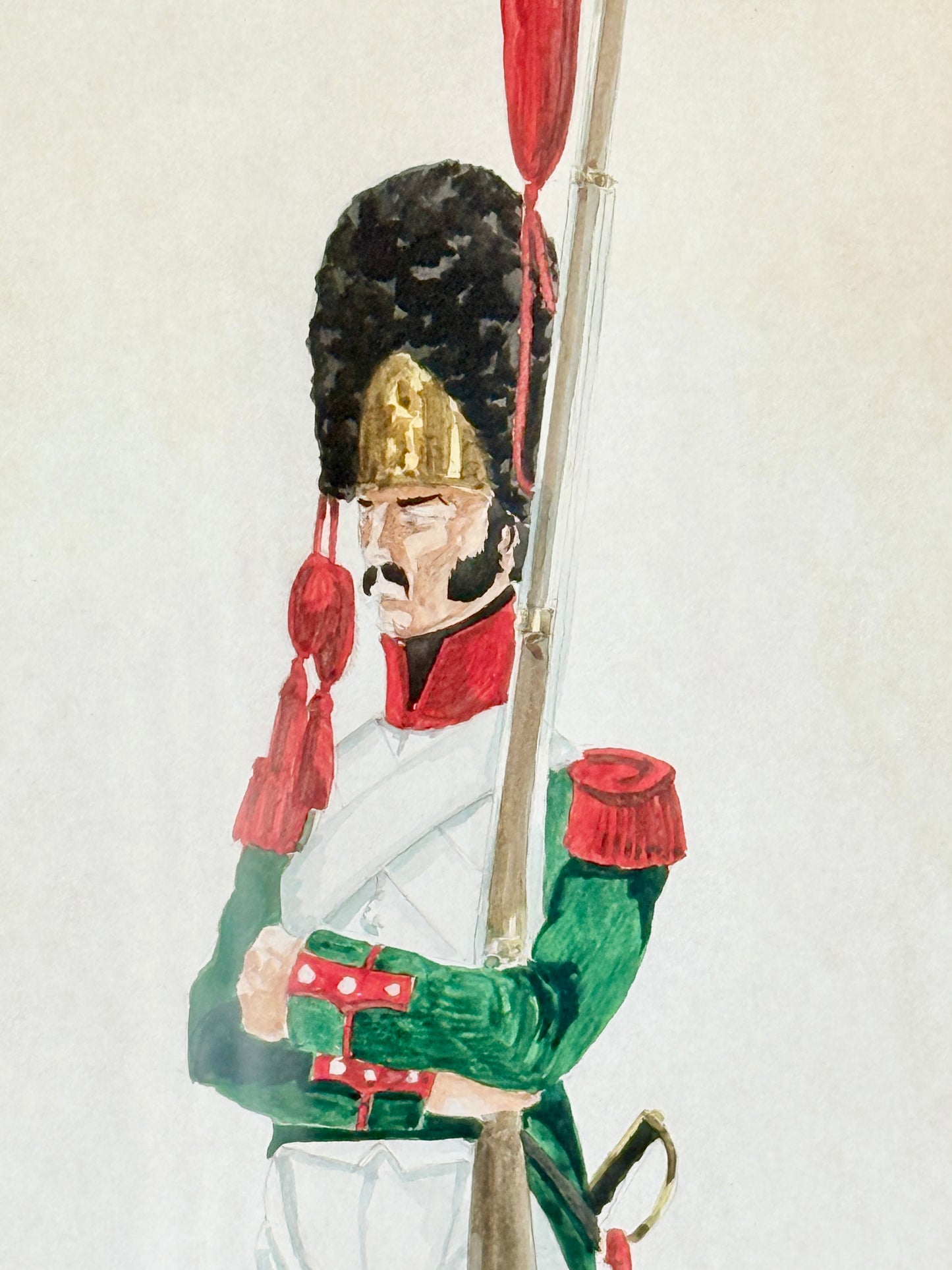 Antique 1805 Italian Infantry of the Line Watercolor Solider Portrait in Black and Gold Frame