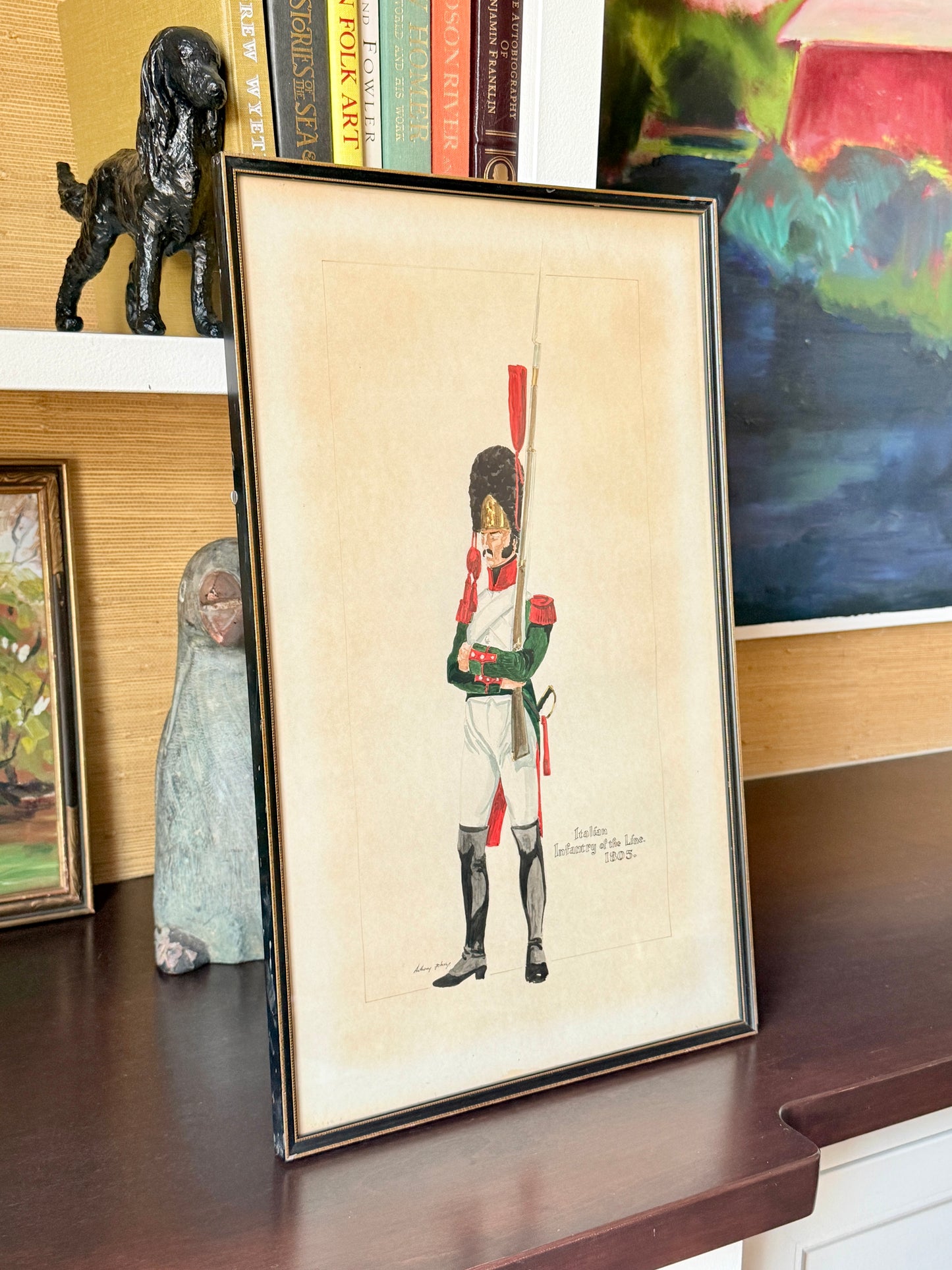 Antique 1805 Italian Infantry of the Line Watercolor Solider Portrait in Black and Gold Frame