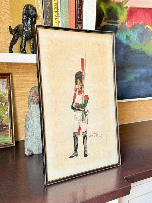 Antique 1805 Italian Infantry of the Line Watercolor Solider Portrait in Black and Gold Frame