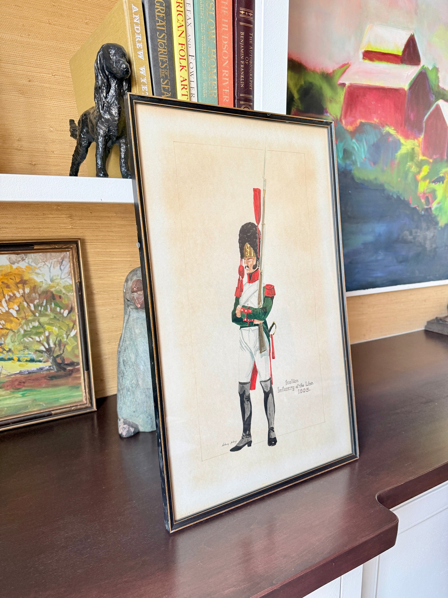 Antique 1805 Italian Infantry of the Line Watercolor Solider Portrait in Black and Gold Frame