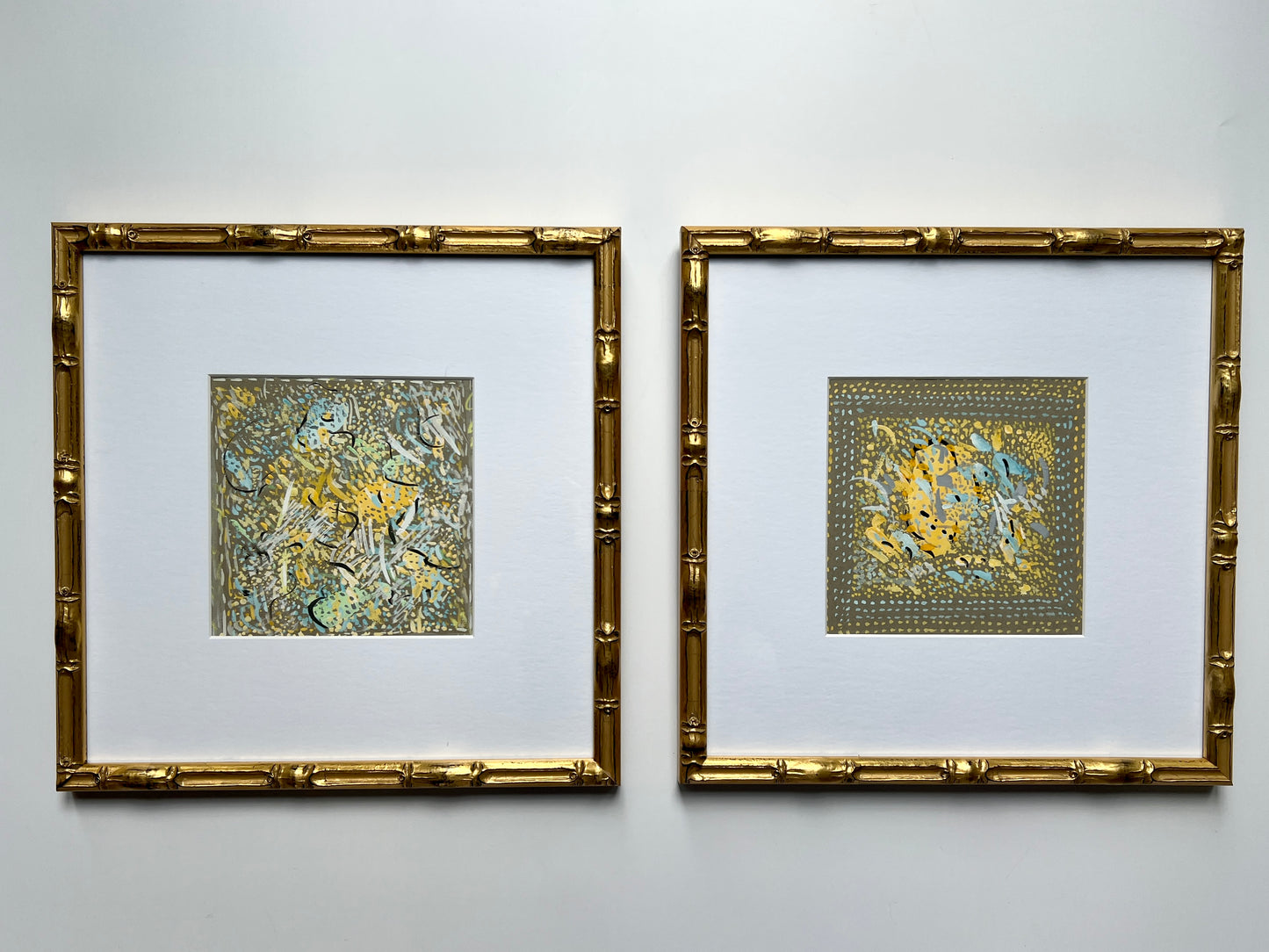 Vintage Colorful Large Abstract Oil Painting #1 in Light Gold Bamboo Frame