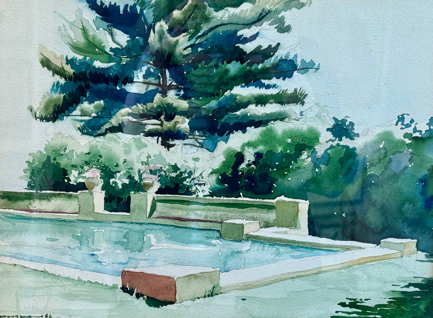 1953 H.B. Wasserman Summer Estate Swimming Pool Watercolor Painting in Custom Ivory and Gilded Frame