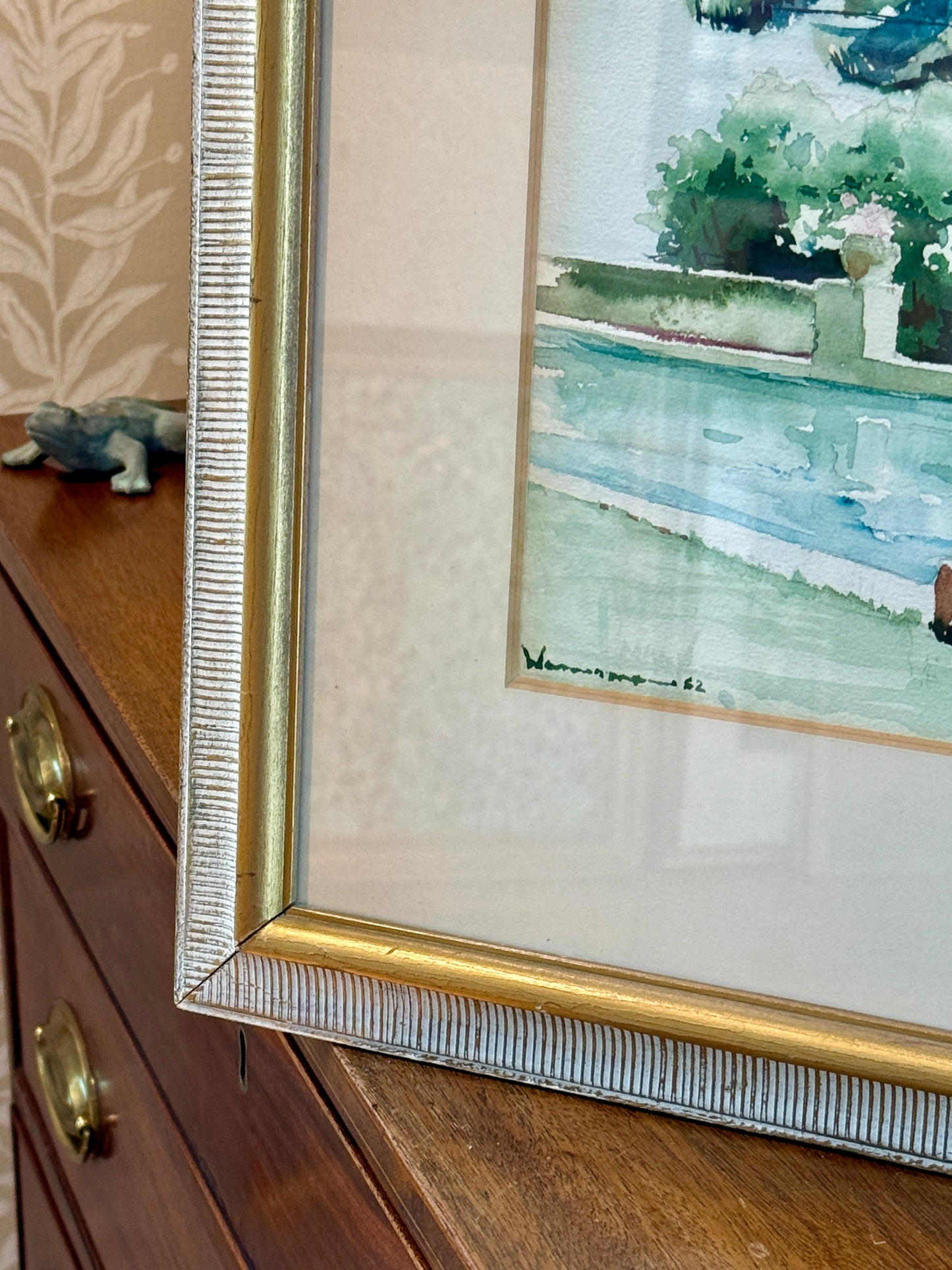 1953 H.B. Wasserman Summer Estate Swimming Pool Watercolor Painting in Custom Ivory and Gilded Frame