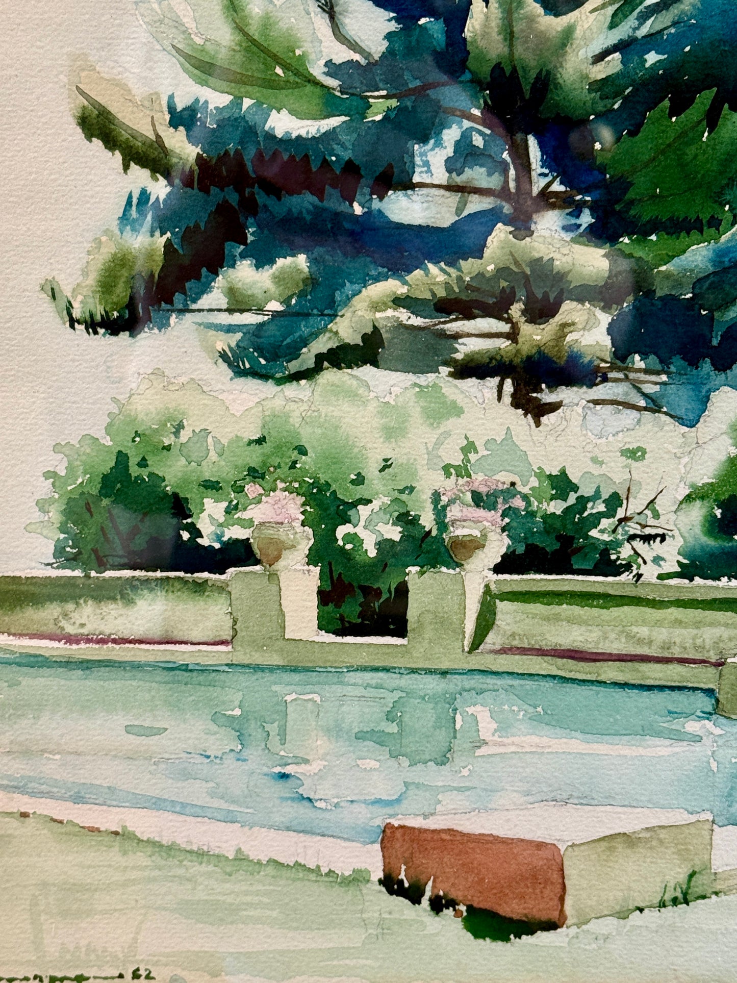 1953 H.B. Wasserman Summer Estate Swimming Pool Watercolor Painting in Custom Ivory and Gilded Frame
