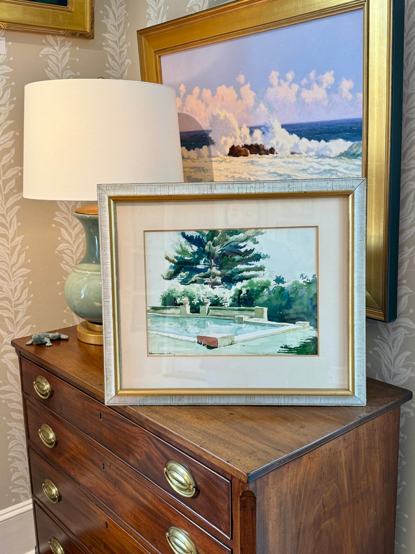 1953 H.B. Wasserman Summer Estate Swimming Pool Watercolor Painting in Custom Ivory and Gilded Frame