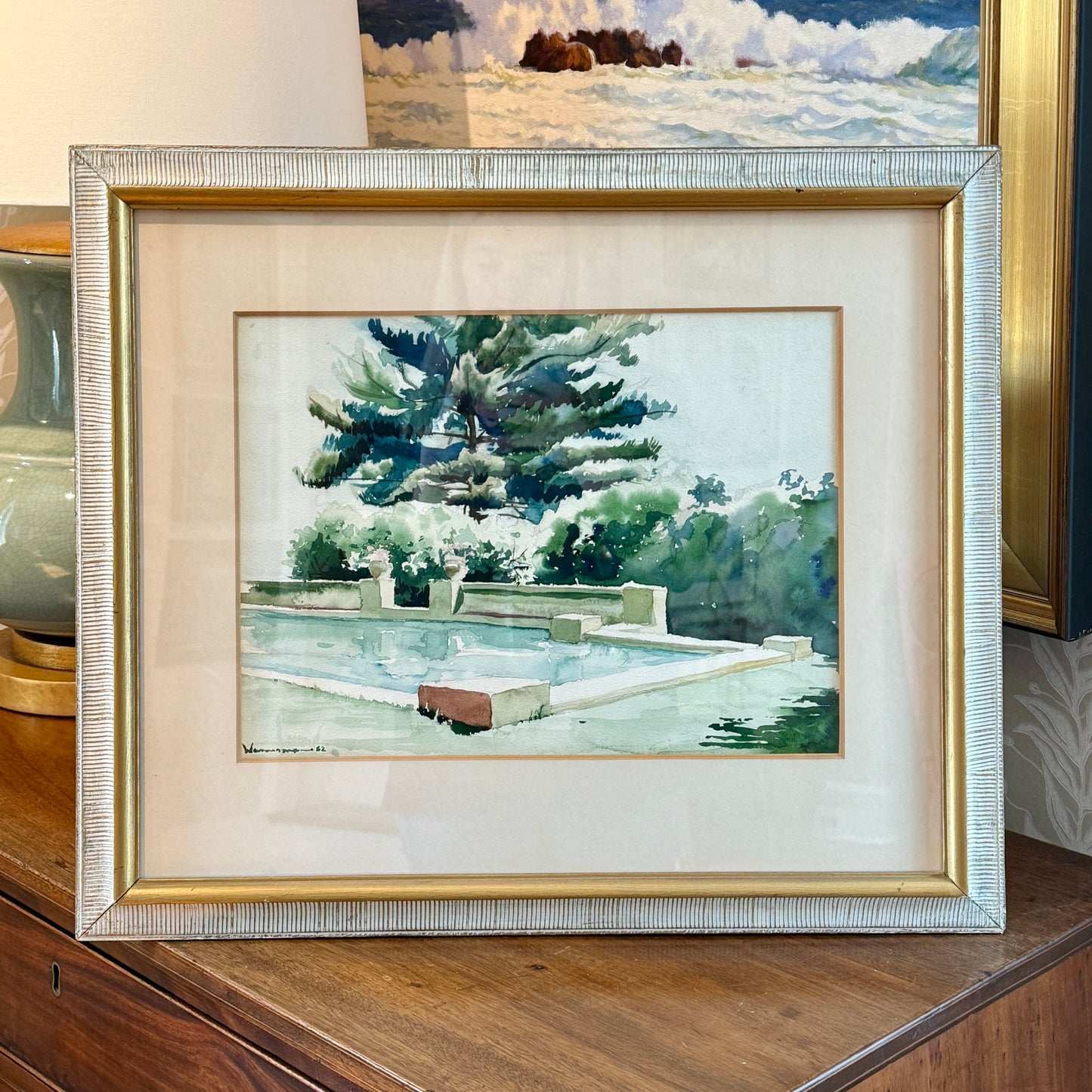 1953 H.B. Wasserman Summer Estate Swimming Pool Watercolor Painting in Custom Ivory and Gilded Frame