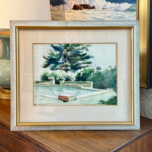 1953 H.B. Wasserman Summer Estate Swimming Pool Watercolor Painting in Custom Ivory and Gilded Frame
