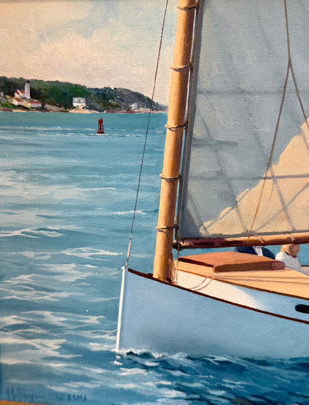 Anthony R. Thompson Cat Boat Off West Chop Martha's Vineyard Oil Painting in Gold Frame