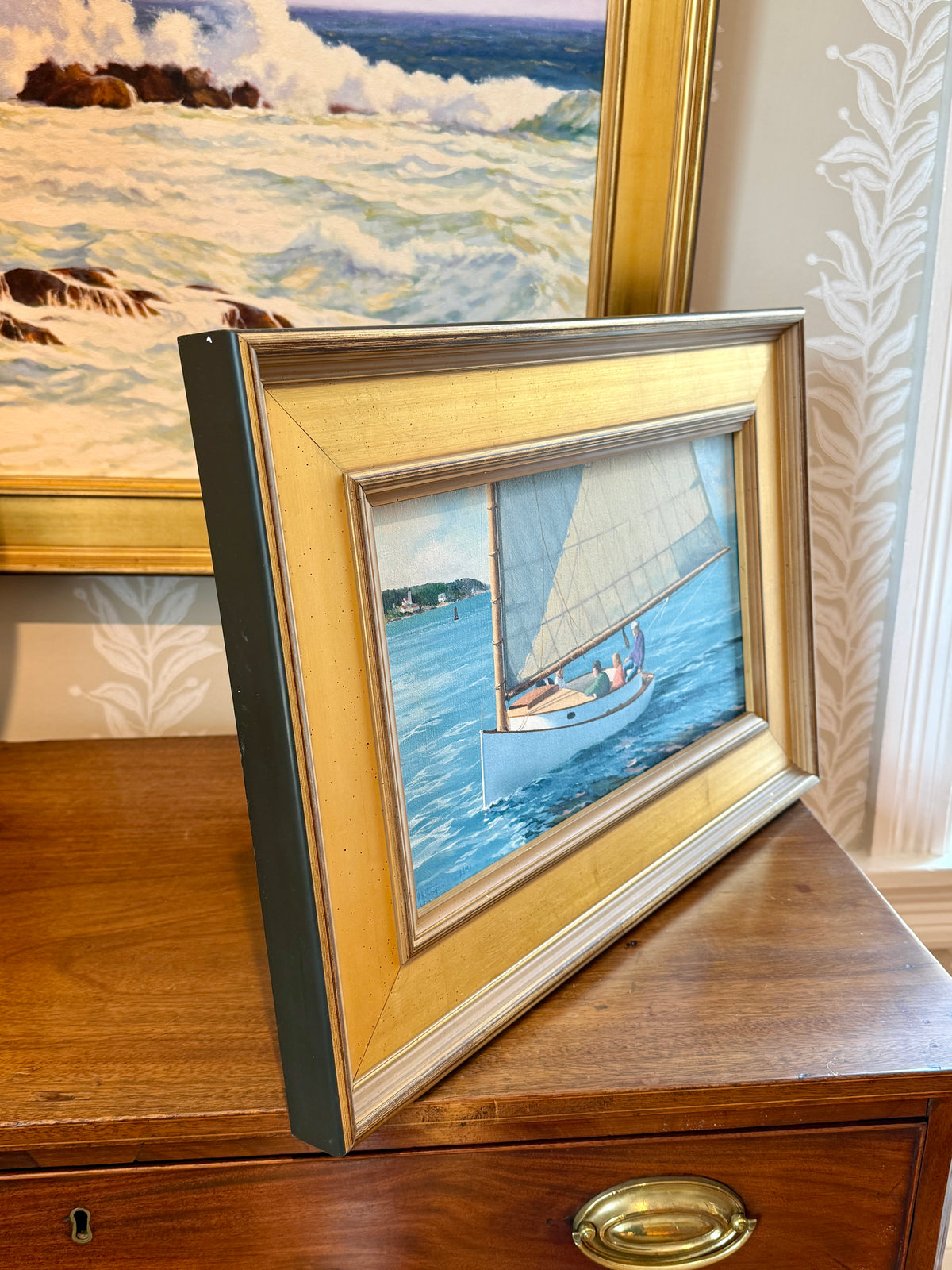 Anthony R. Thompson Cat Boat Off West Chop Martha's Vineyard Oil Painting in Gold Frame