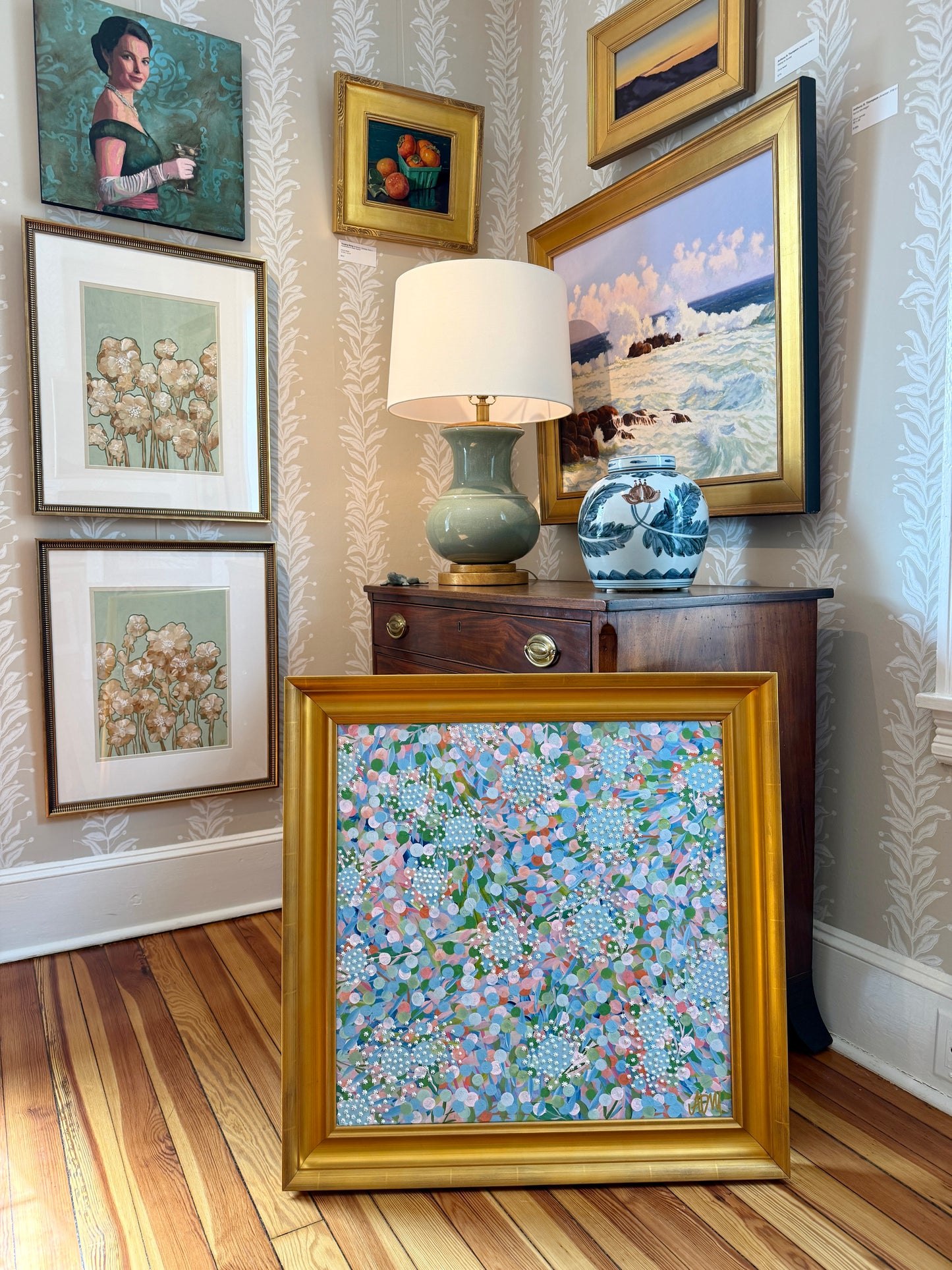 Alison Diamond McElroy Spring Reverie Abstract Floral Painting in Gold Frame