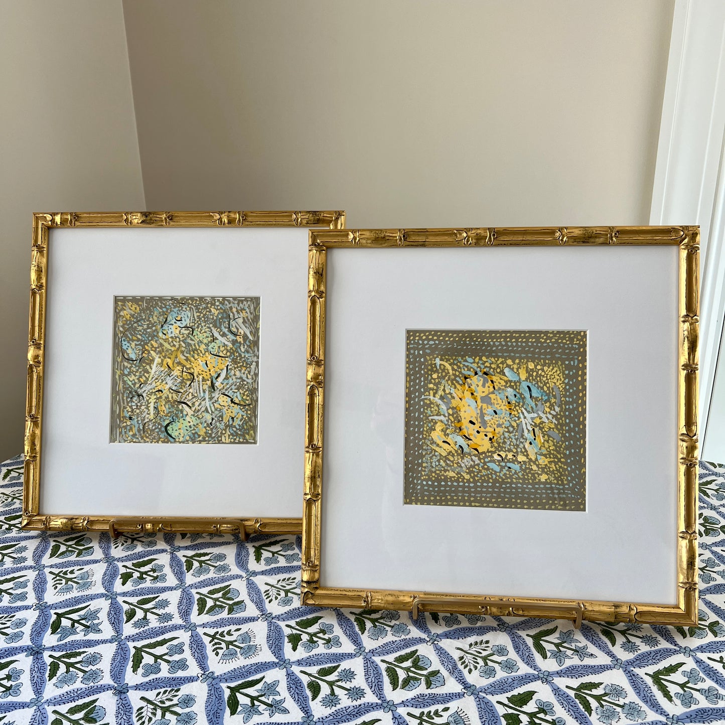 Vintage Colorful Large Abstract Oil Painting #1 in Light Gold Bamboo Frame
