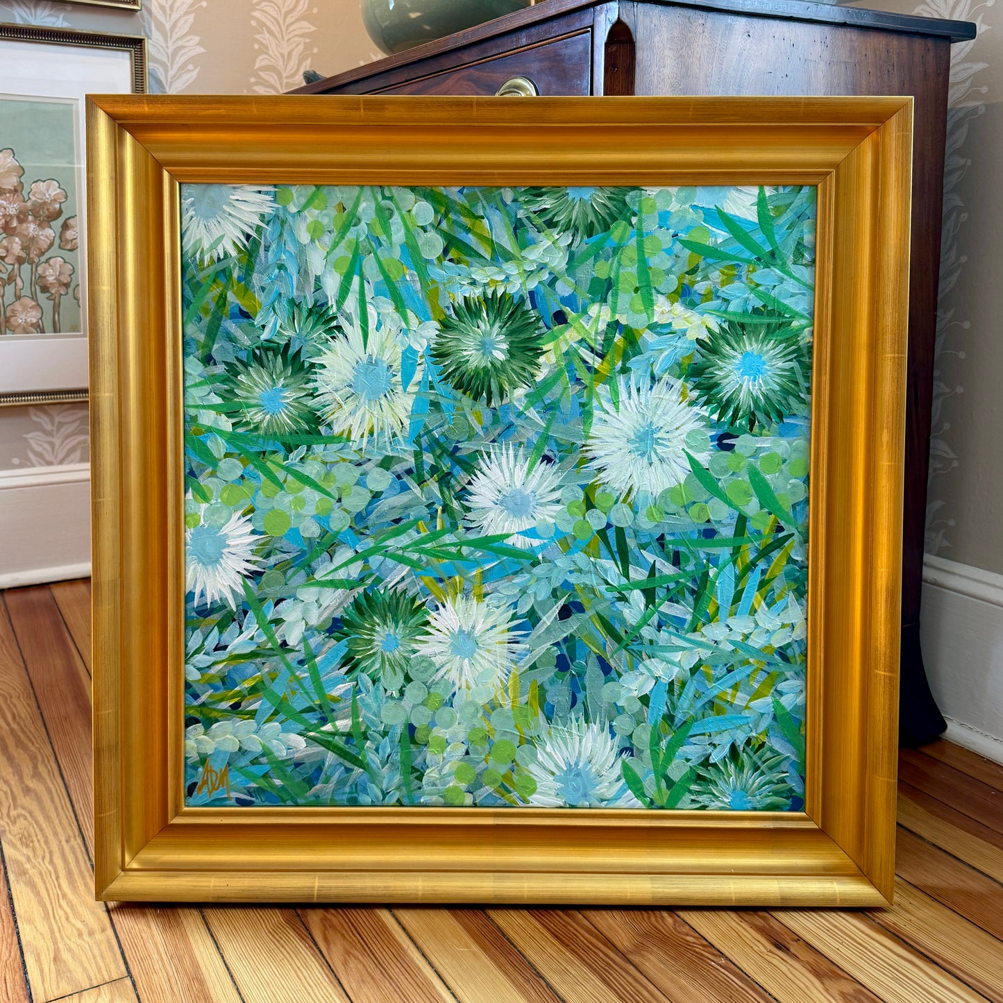Alison Diamond McElroy Verdant I Abstract Floral Painting in Gold Frame